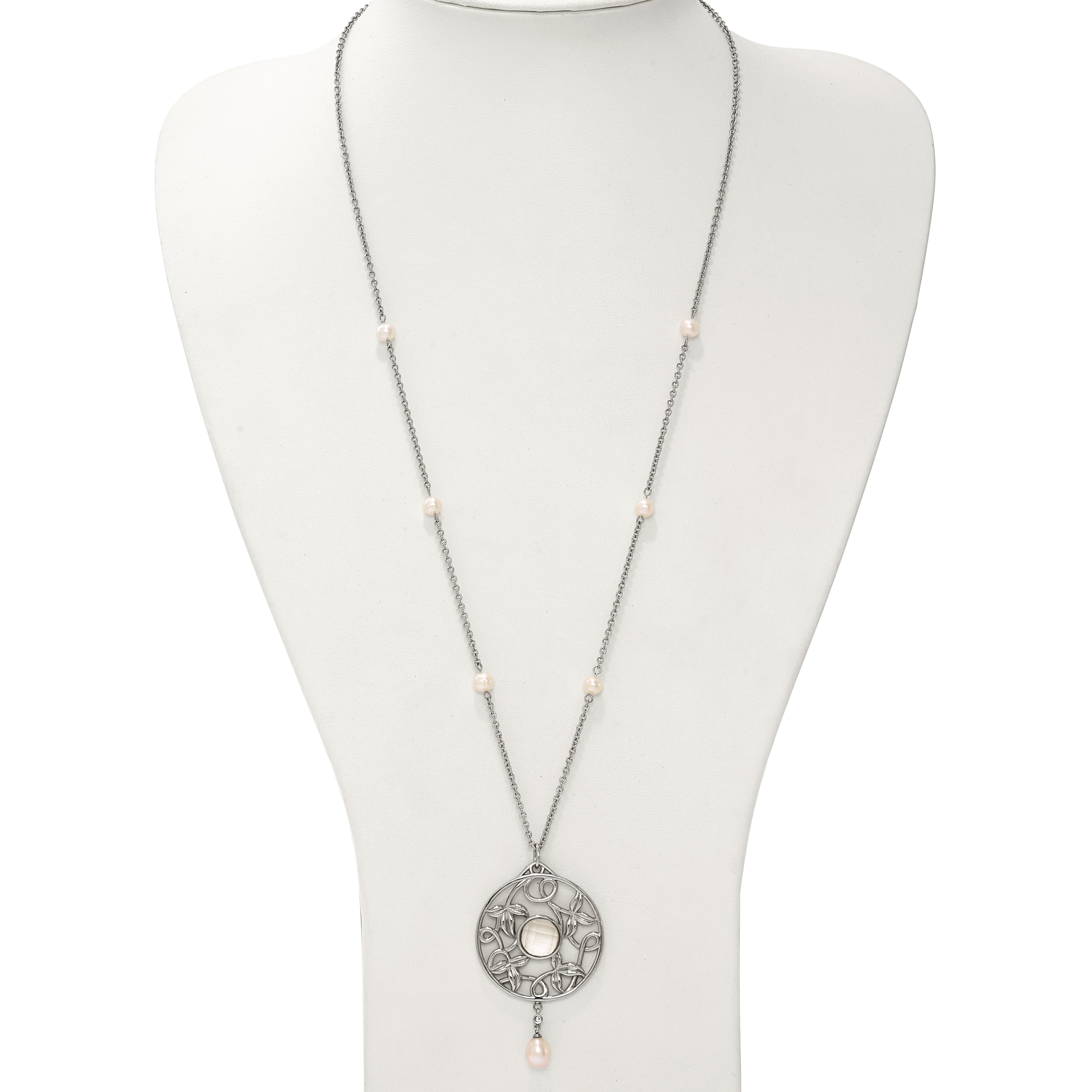 Stainless Steel Polished FWC Pearl & CZ & Glass 30in w/2in ext Necklace