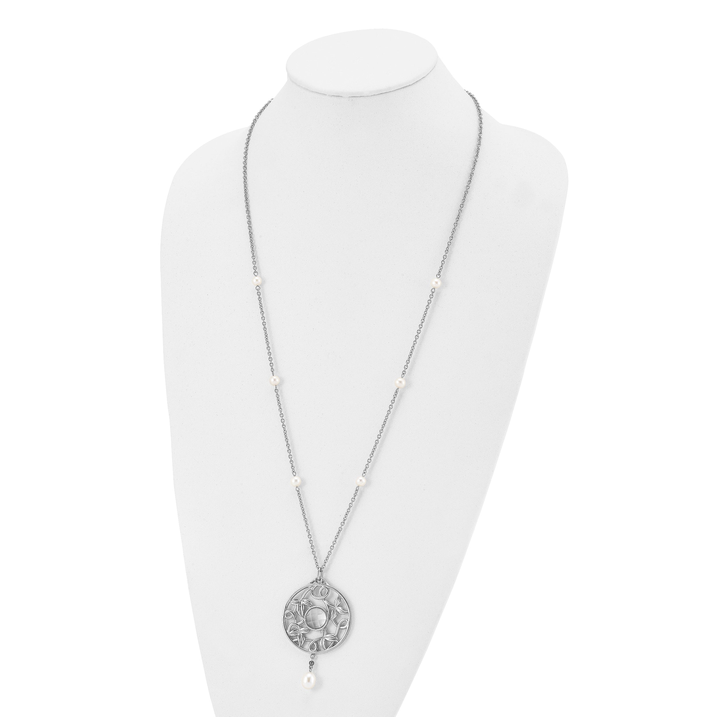 Stainless Steel Polished FWC Pearl & CZ & Glass 30in w/2in ext Necklace