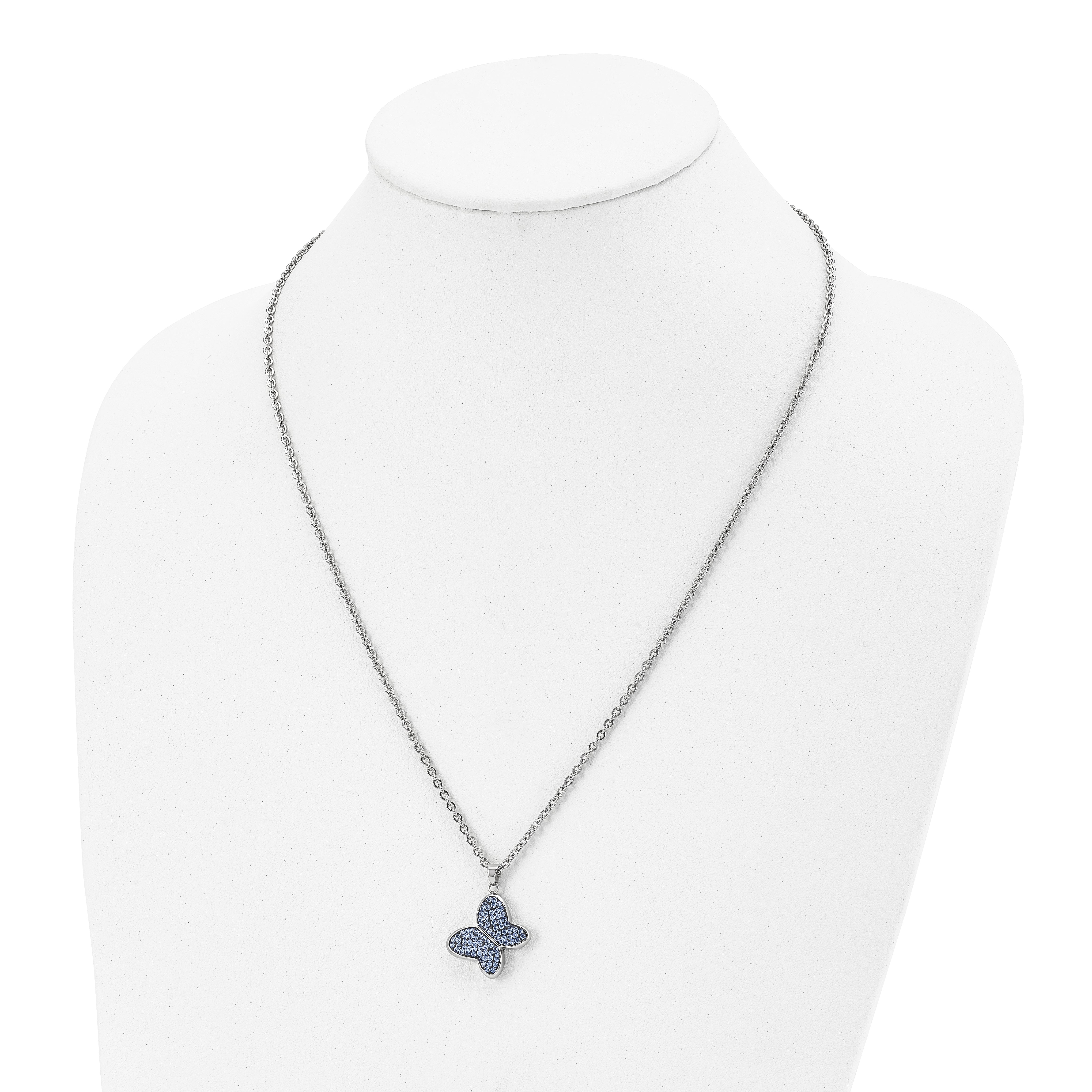 Chisel Stainless Steel Polished Blue Crystal Butterfly Pendant on a 22 inch Cable Chain Necklace