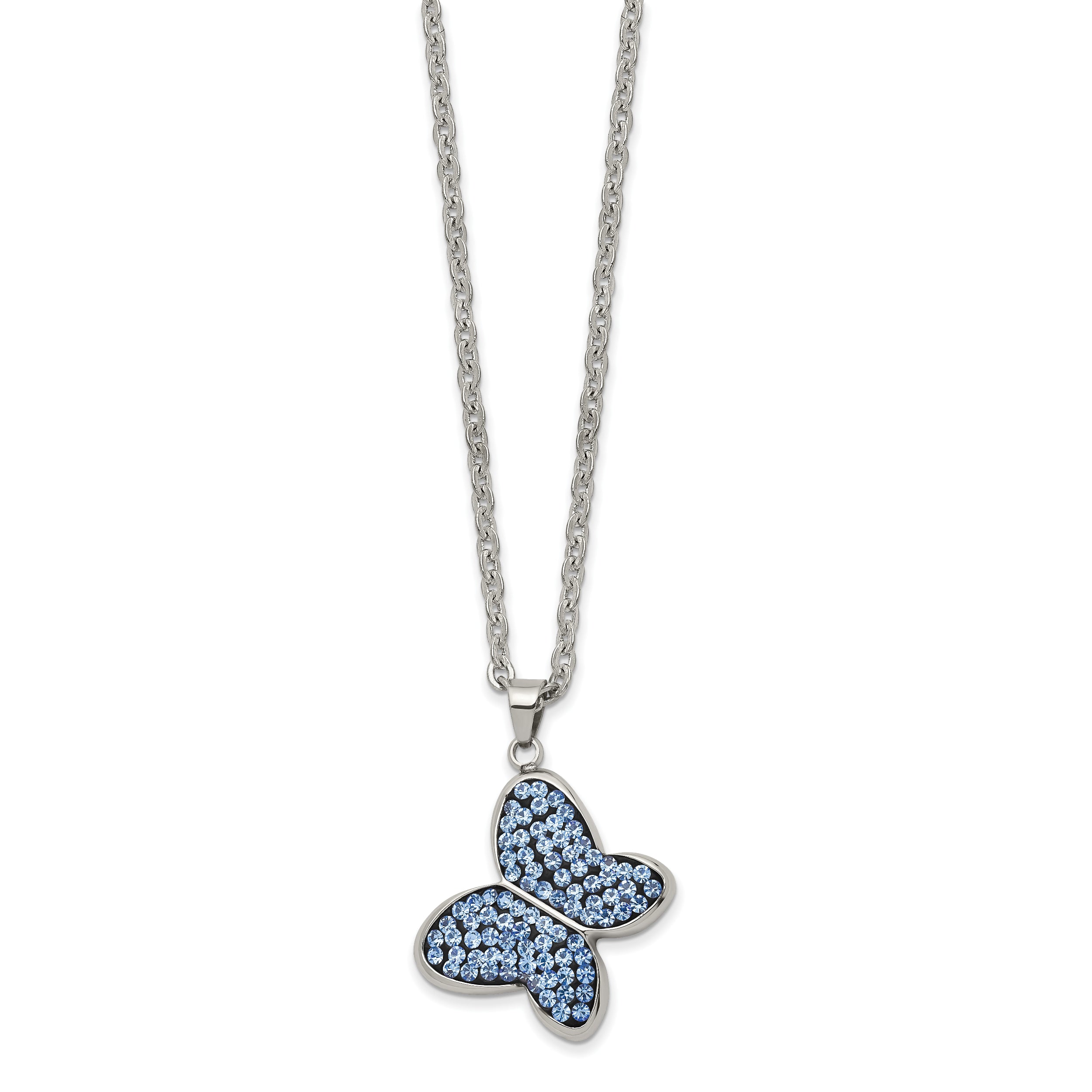 Chisel Stainless Steel Polished Blue Crystal Butterfly Pendant on a 22 inch Cable Chain Necklace