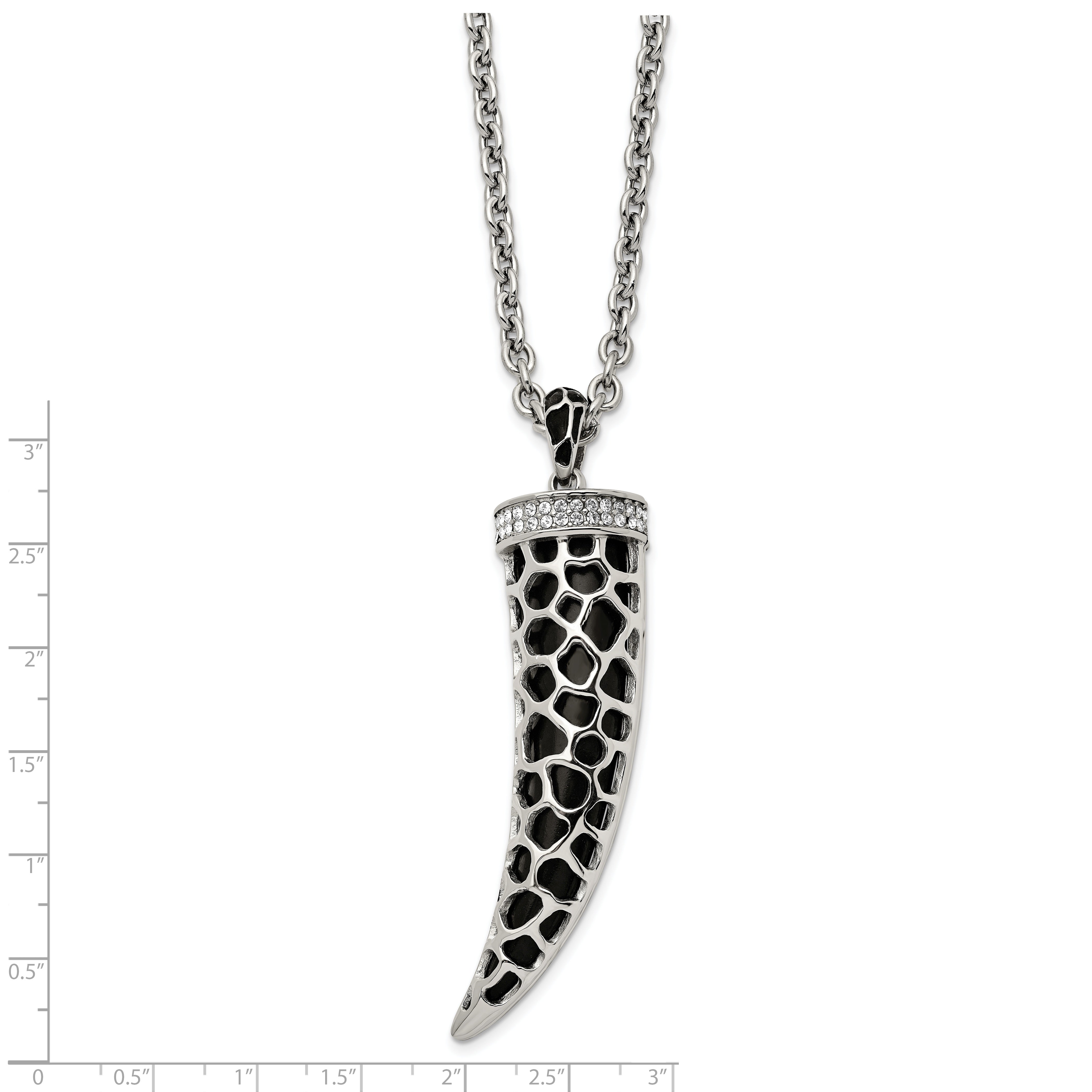 Stainless Steel 28in Polished Enamel w/Black Glass & Crystal Horn Necklace