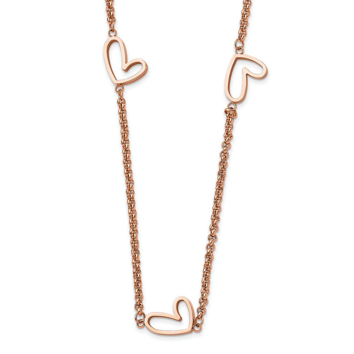 Stainless Steel Polished Rose IP-Plated Hearts 38in Necklace