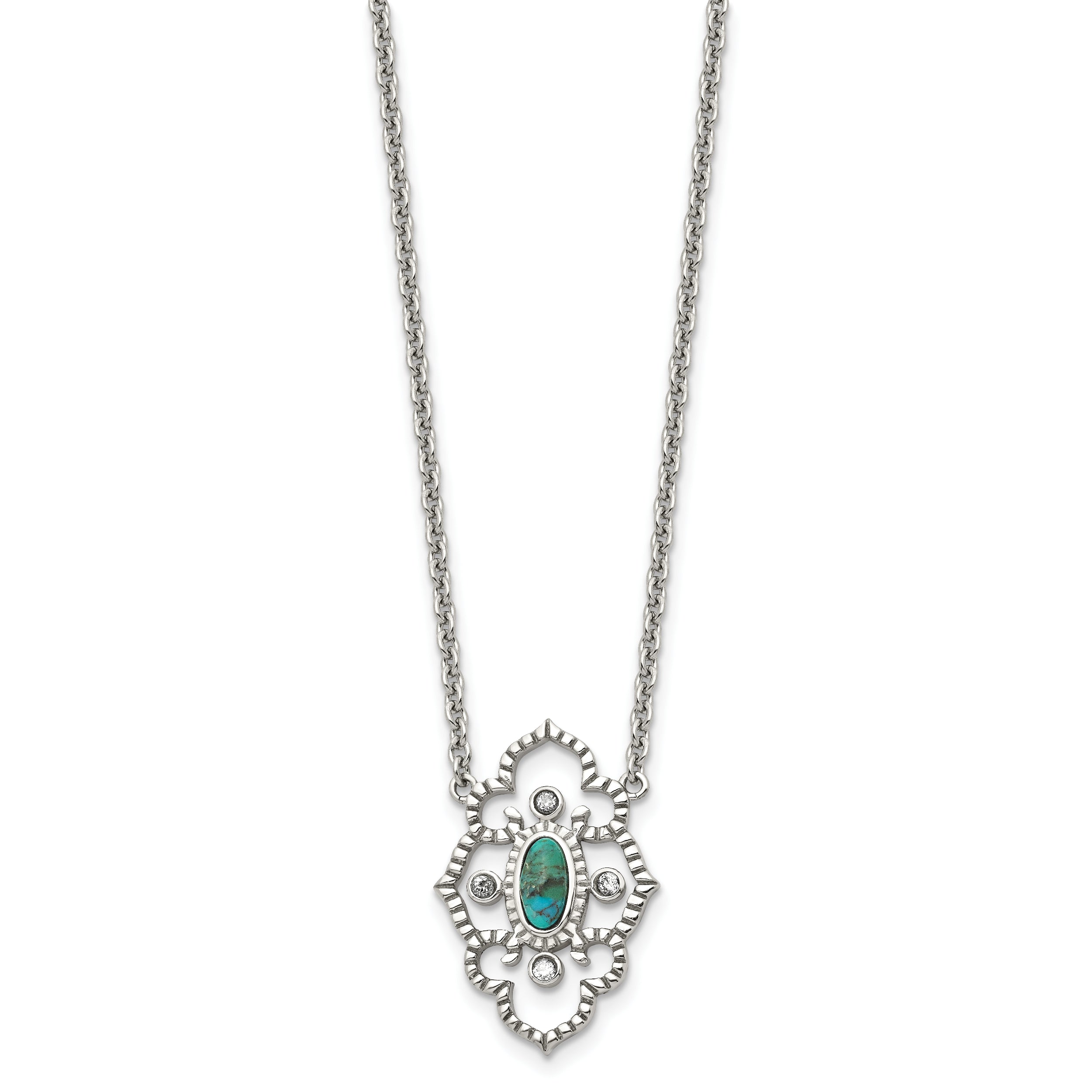 Stainless Steel Polished CZ and Imitation Turquoise w/2in ext Necklace