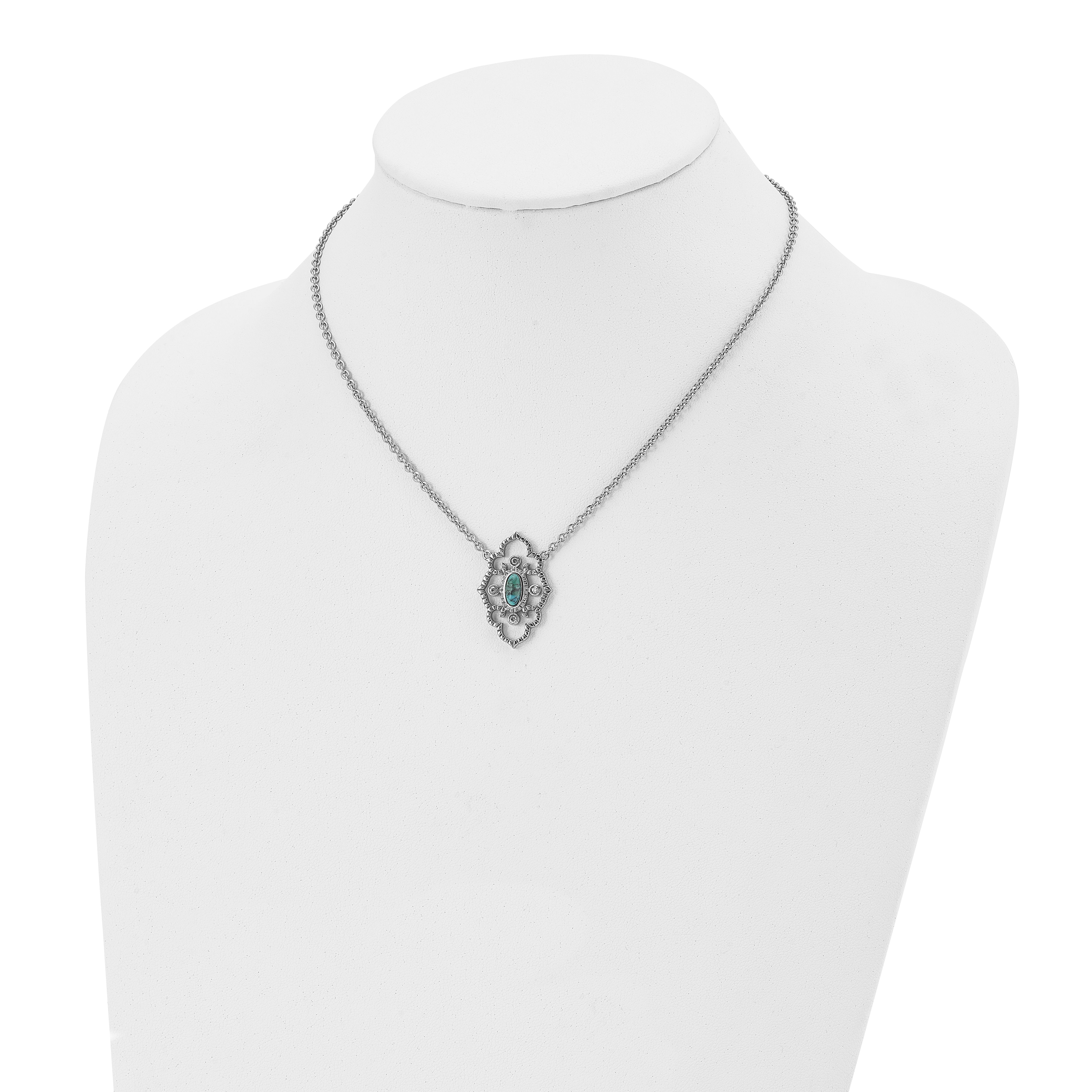 Stainless Steel Polished CZ and Imitation Turquoise w/2in ext Necklace