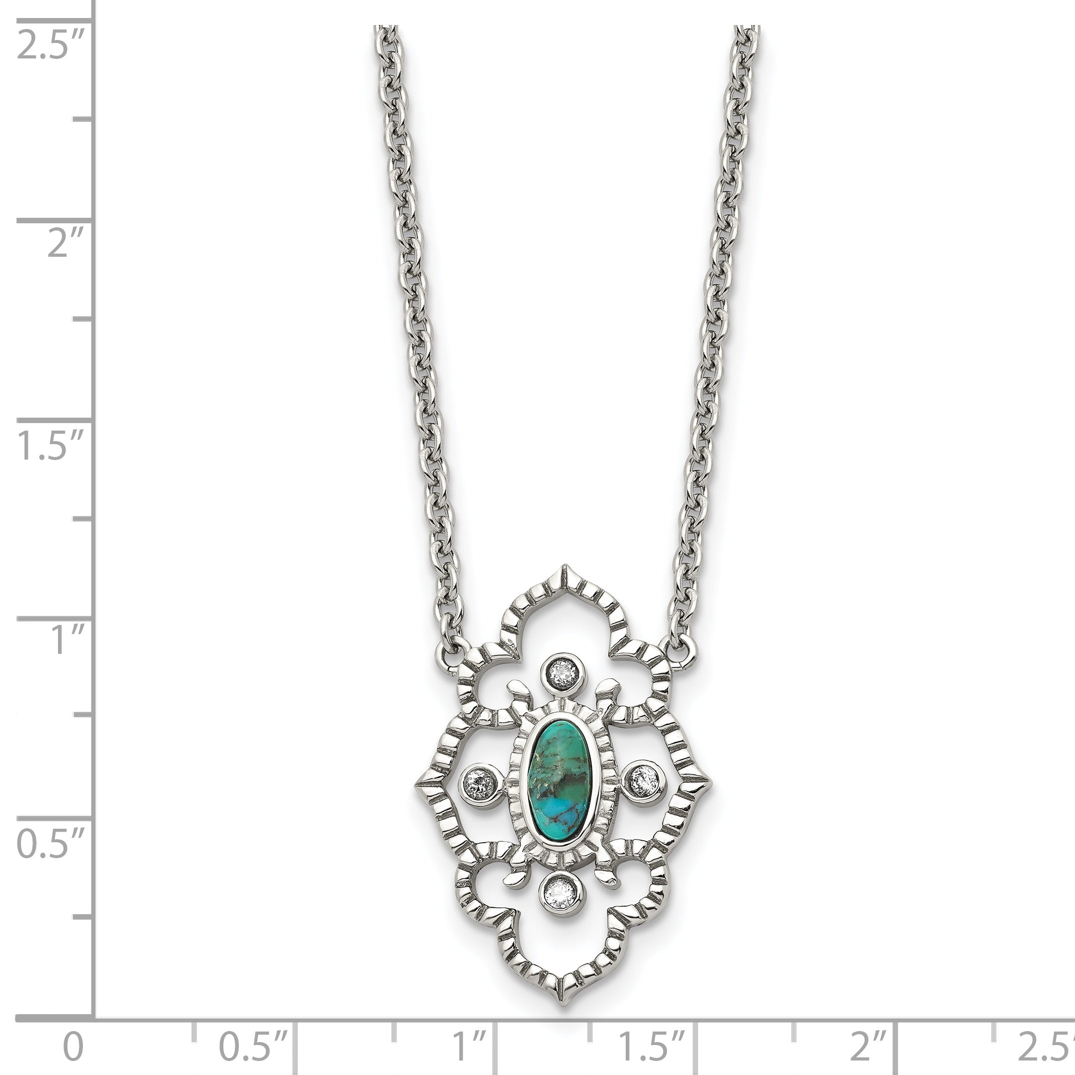 Stainless Steel Polished CZ and Imitation Turquoise w/2in ext Necklace