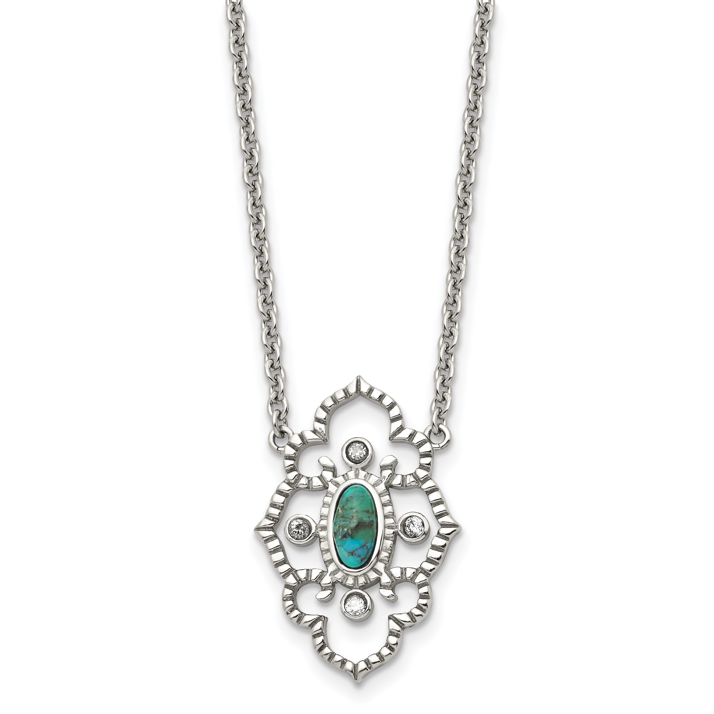 Stainless Steel Polished CZ and Imitation Turquoise w/2in ext Necklace