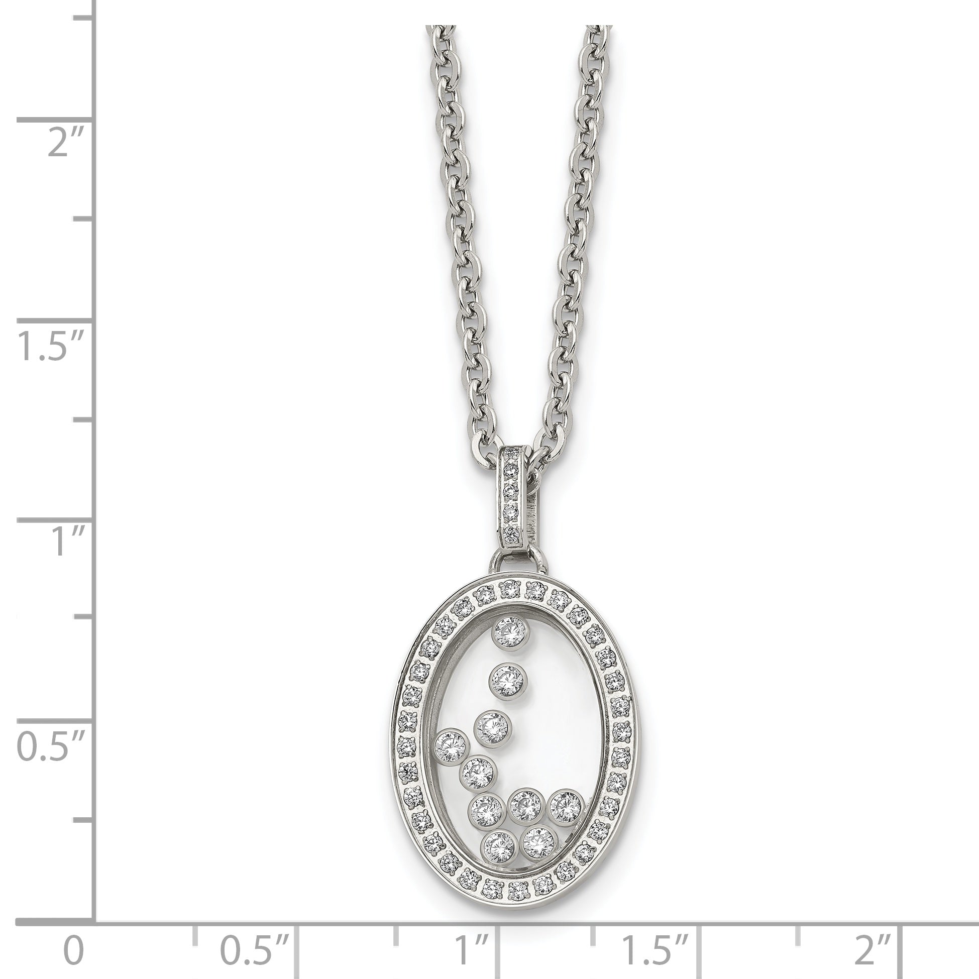 Stainless Steel Polished w/Moving CZ Floating in Glass Oval 18in Necklace