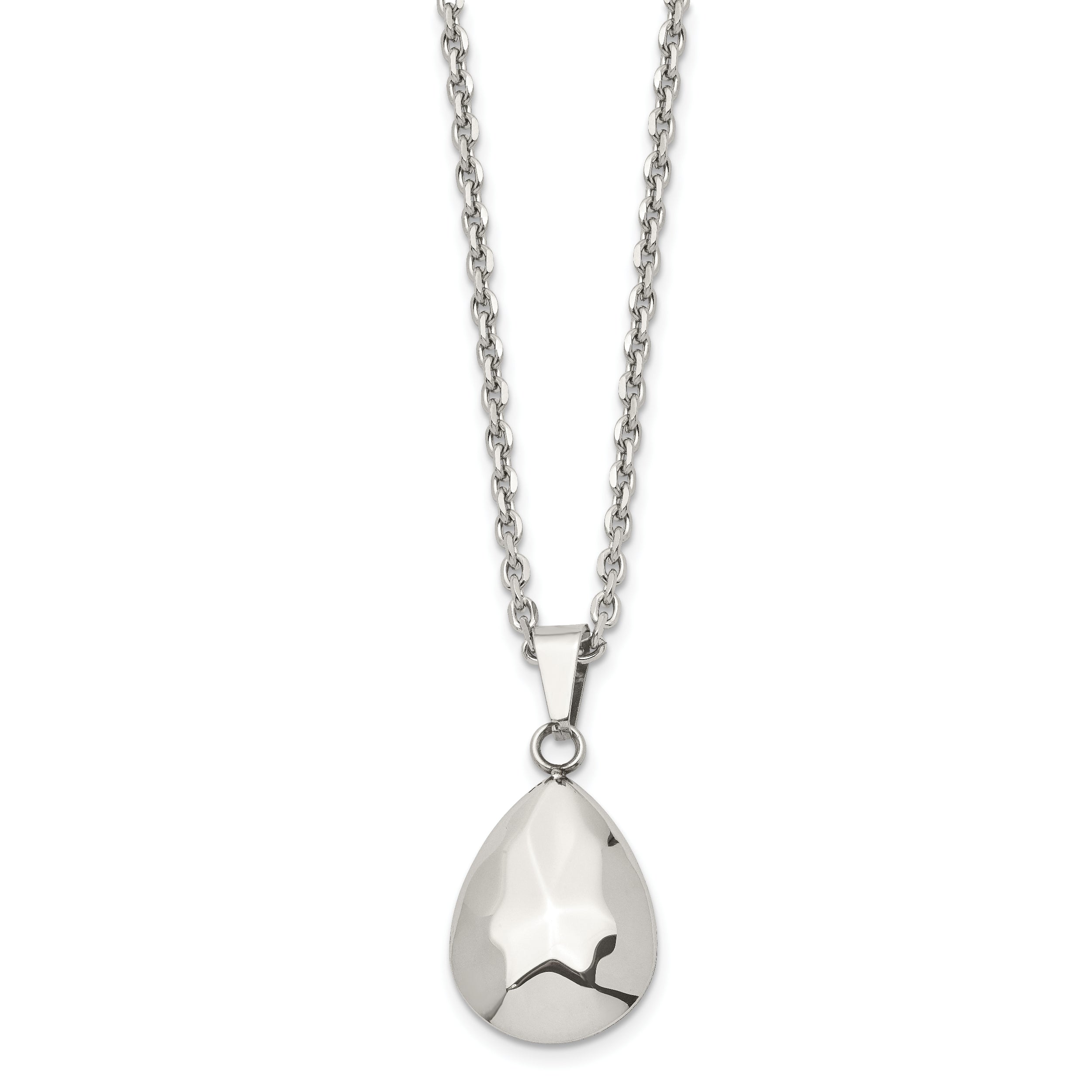 Stainless Steel Polished Hammered Hollow Teardrop Puff 18in Necklace