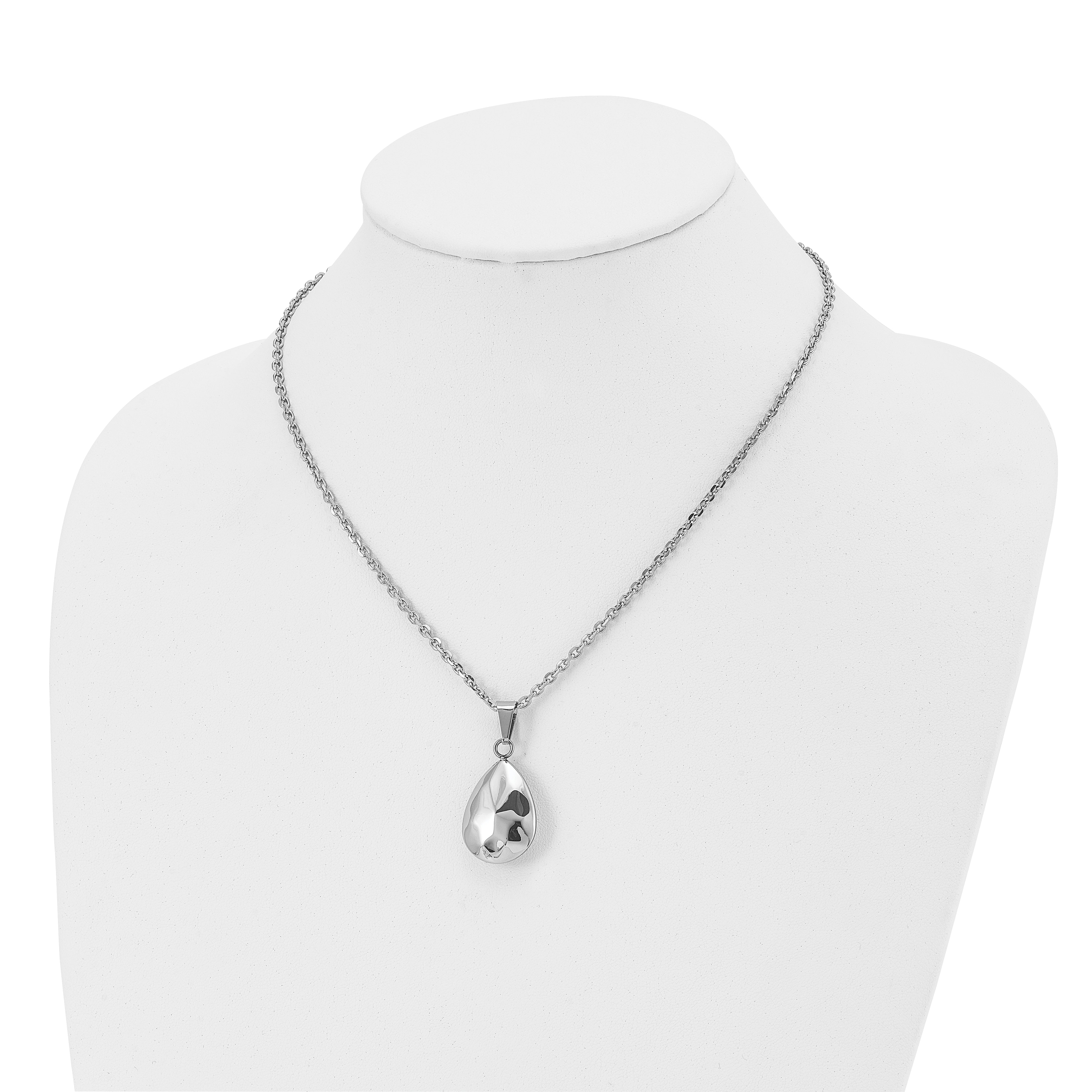 Stainless Steel Polished Hammered Hollow Teardrop Puff 18in Necklace