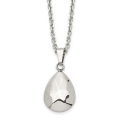 Stainless Steel Polished Hammered Hollow Teardrop Puff 18in Necklace