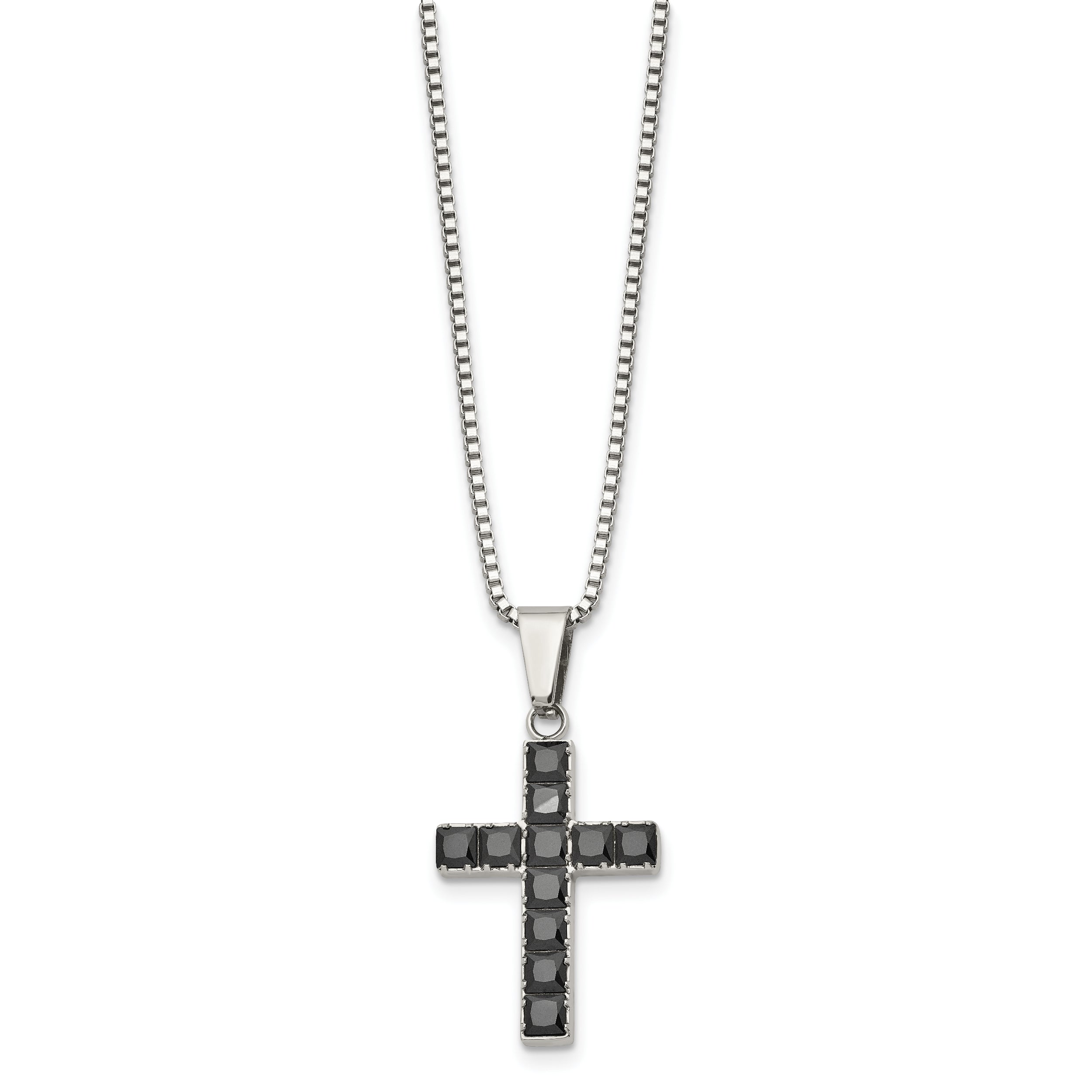 Chisel Stainless Steel Polished with Black Square CZ Cross Pendant on an 18 inch Box Chain Necklace