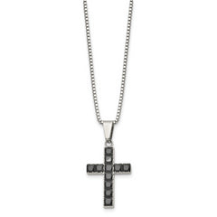 Chisel Stainless Steel Polished with Black Square CZ Cross Pendant on an 18 inch Box Chain Necklace