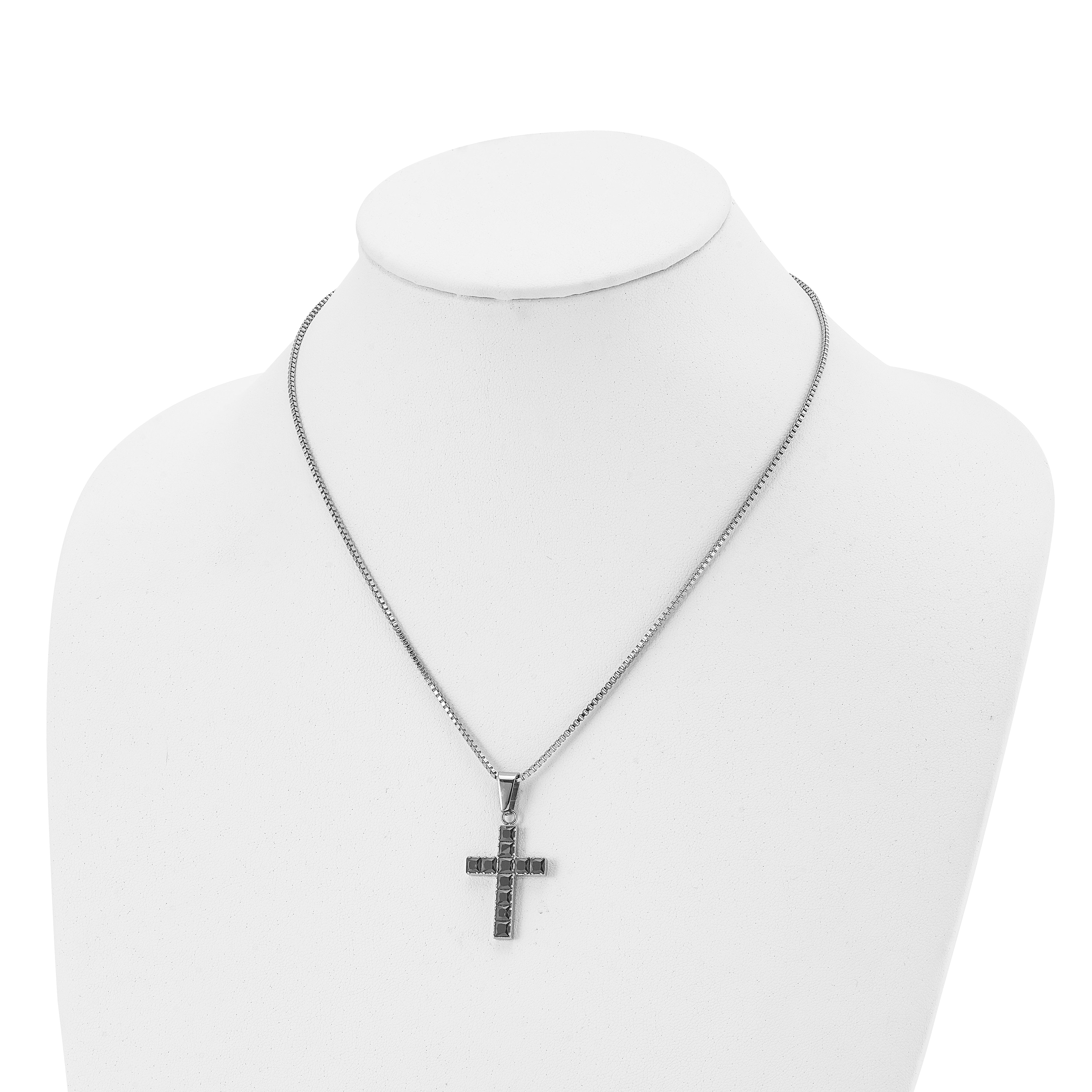 Chisel Stainless Steel Polished with Black Square CZ Cross Pendant on an 18 inch Box Chain Necklace