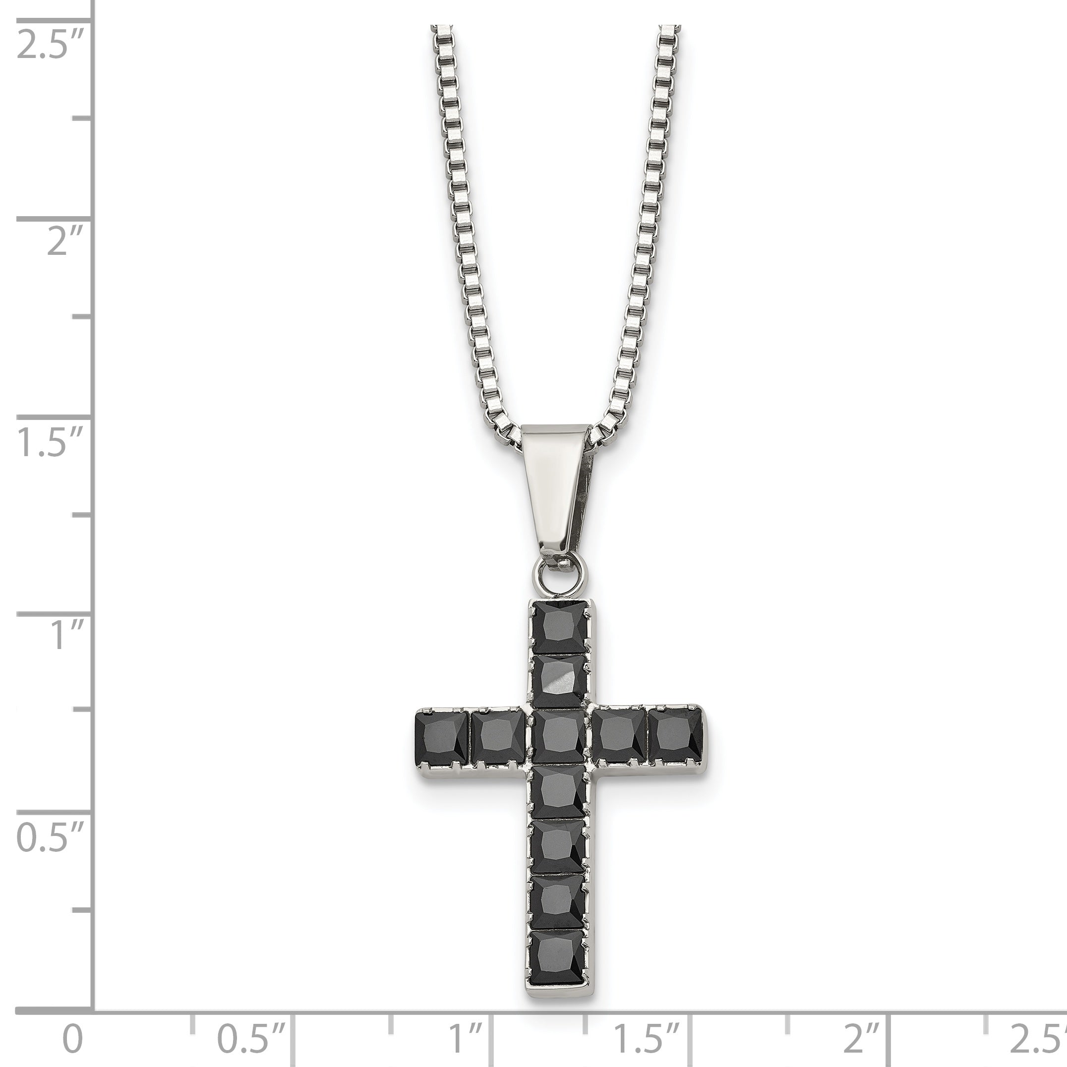 Chisel Stainless Steel Polished with Black Square CZ Cross Pendant on an 18 inch Box Chain Necklace