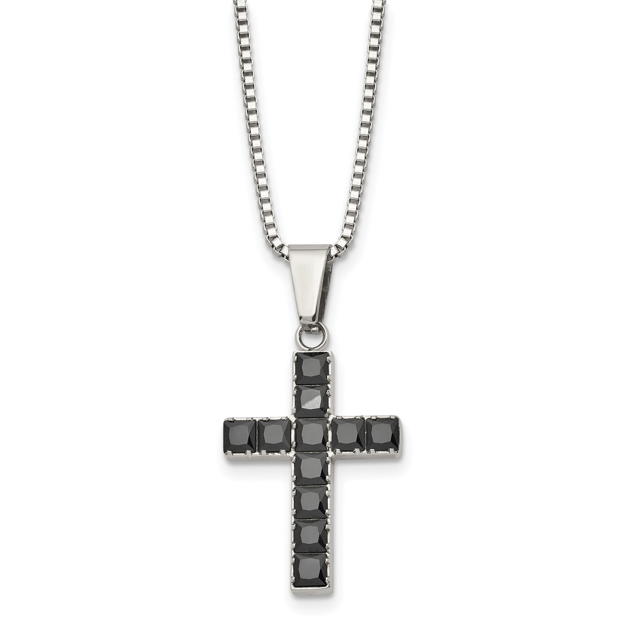 Chisel Stainless Steel Polished with Black Square CZ Cross Pendant on an 18 inch Box Chain Necklace