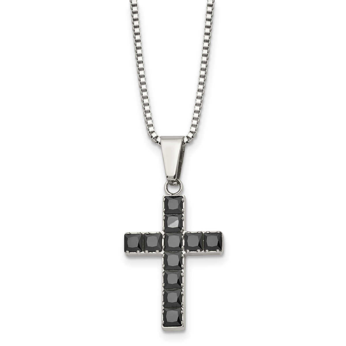 Chisel Stainless Steel Polished with Black Square CZ Cross Pendant on an 18 inch Box Chain Necklace