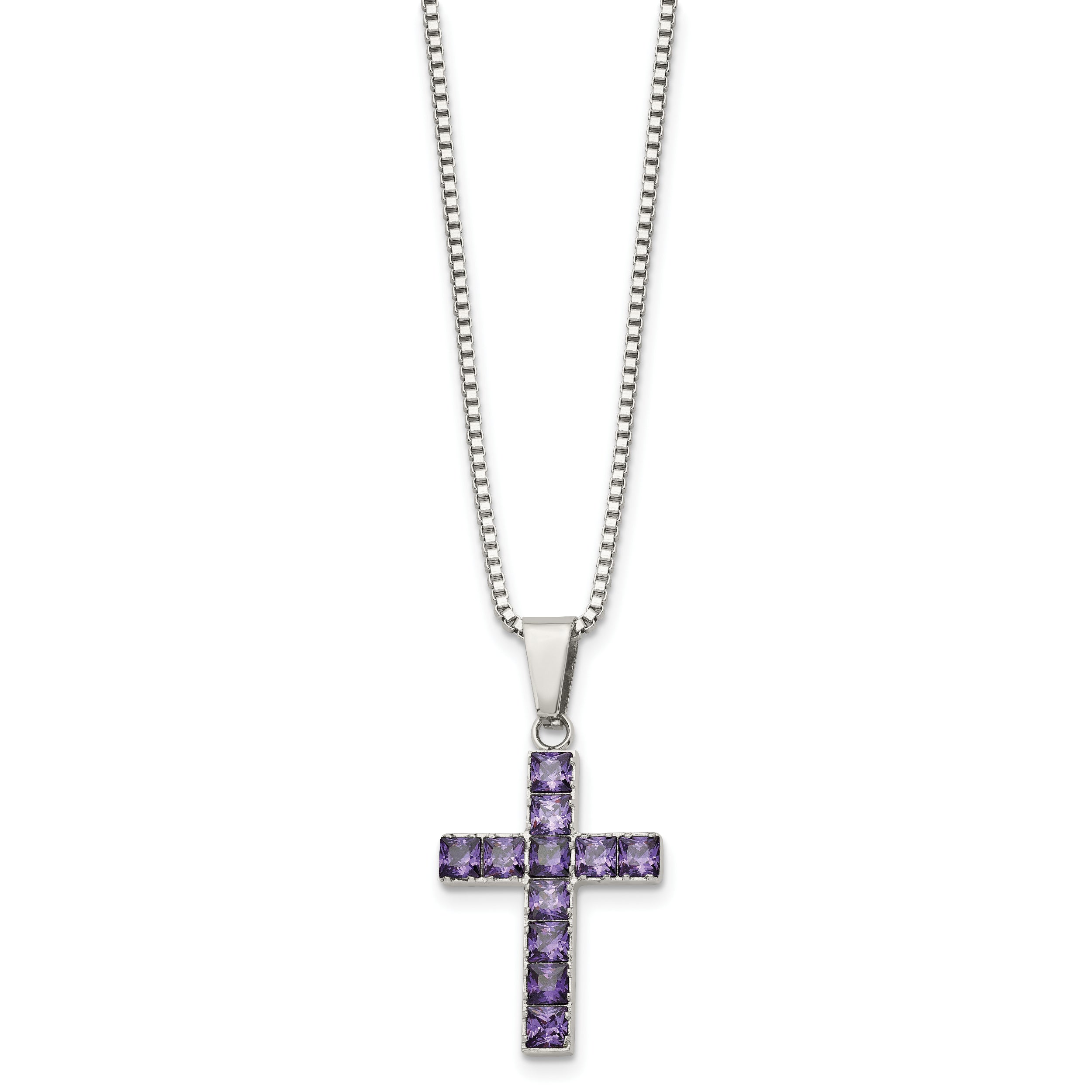 Chisel Stainless Steel Polished with Purple Square CZ Cross Pendant on an 18 inch Box Chain Necklace