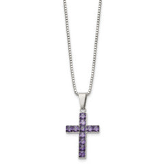 Chisel Stainless Steel Polished with Purple Square CZ Cross Pendant on an 18 inch Box Chain Necklace