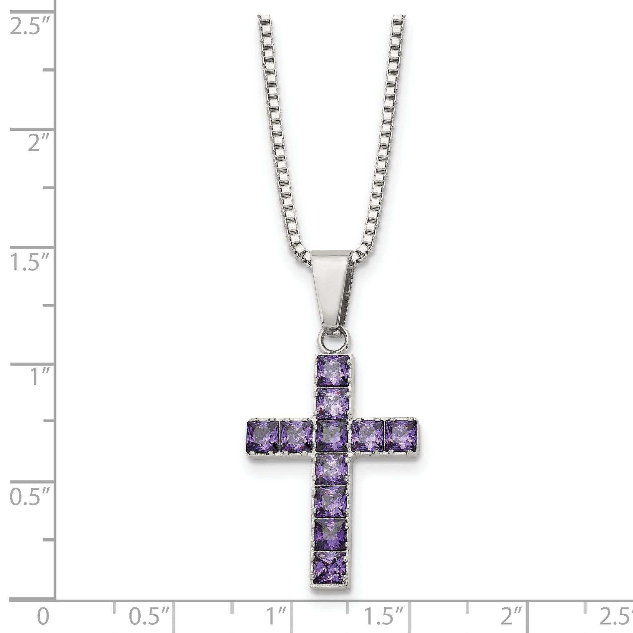 Chisel Stainless Steel Polished with Purple Square CZ Cross Pendant on an 18 inch Box Chain Necklace