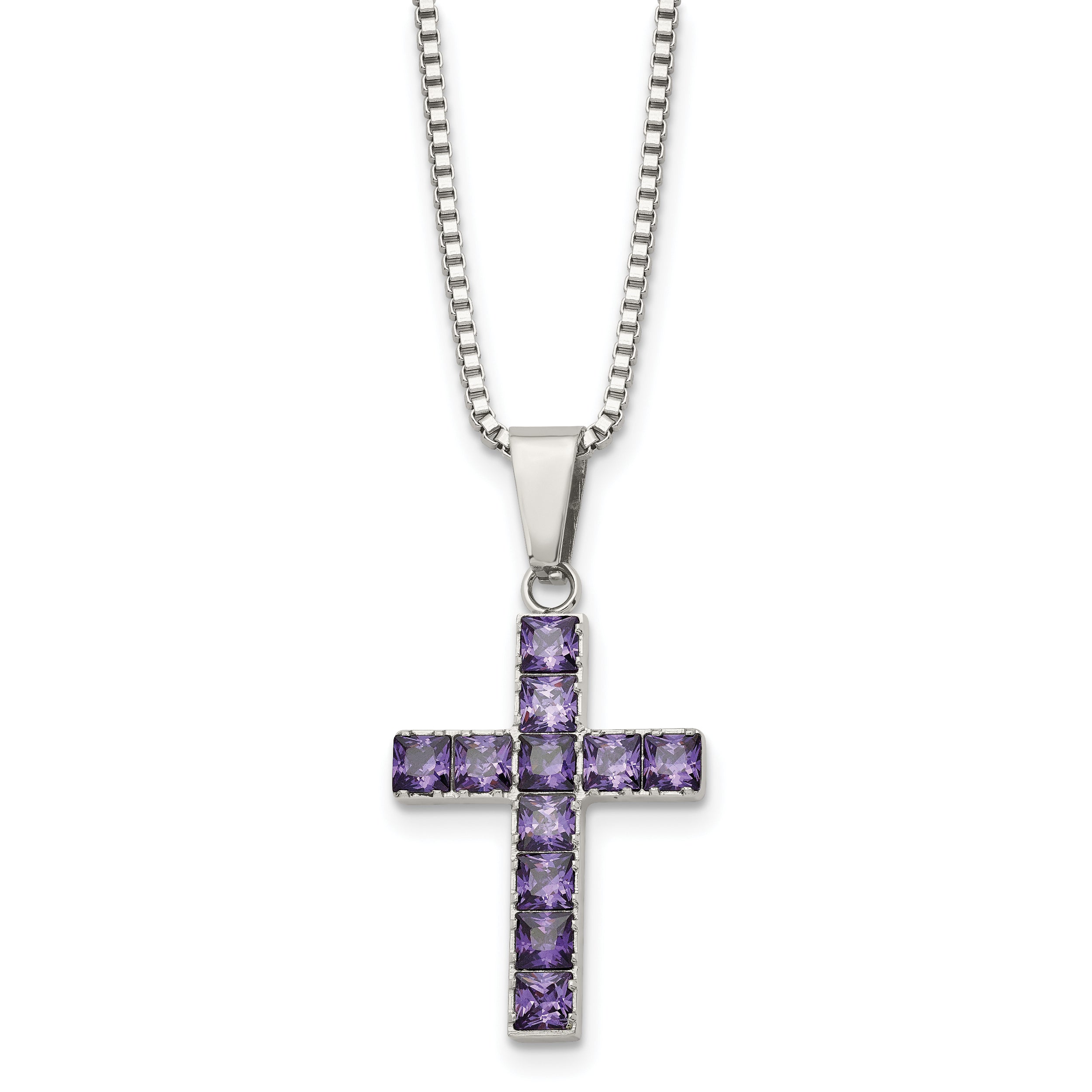 Chisel Stainless Steel Polished with Purple Square CZ Cross Pendant on an 18 inch Box Chain Necklace