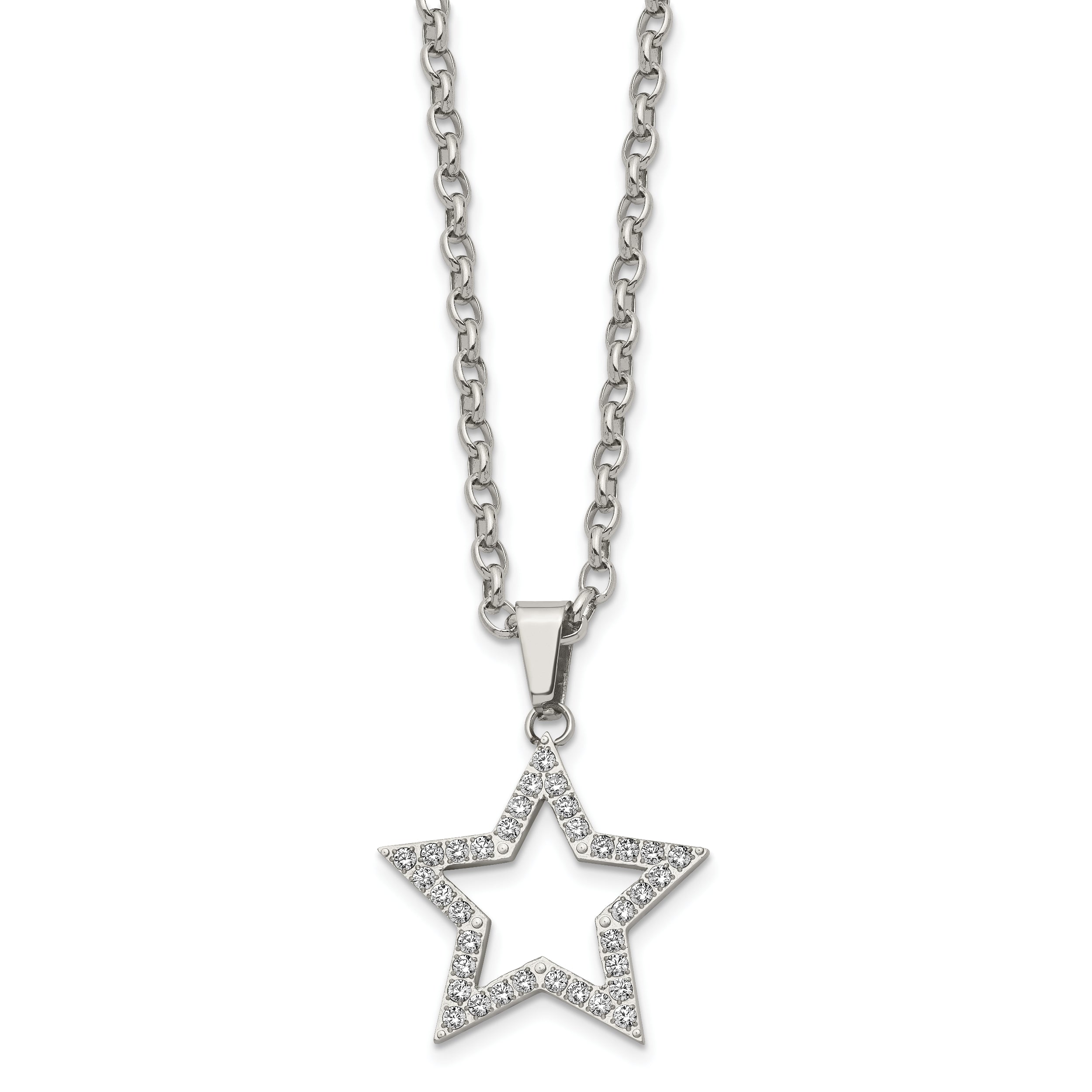 Stainless Steel Polished CZ Star 18in Necklace