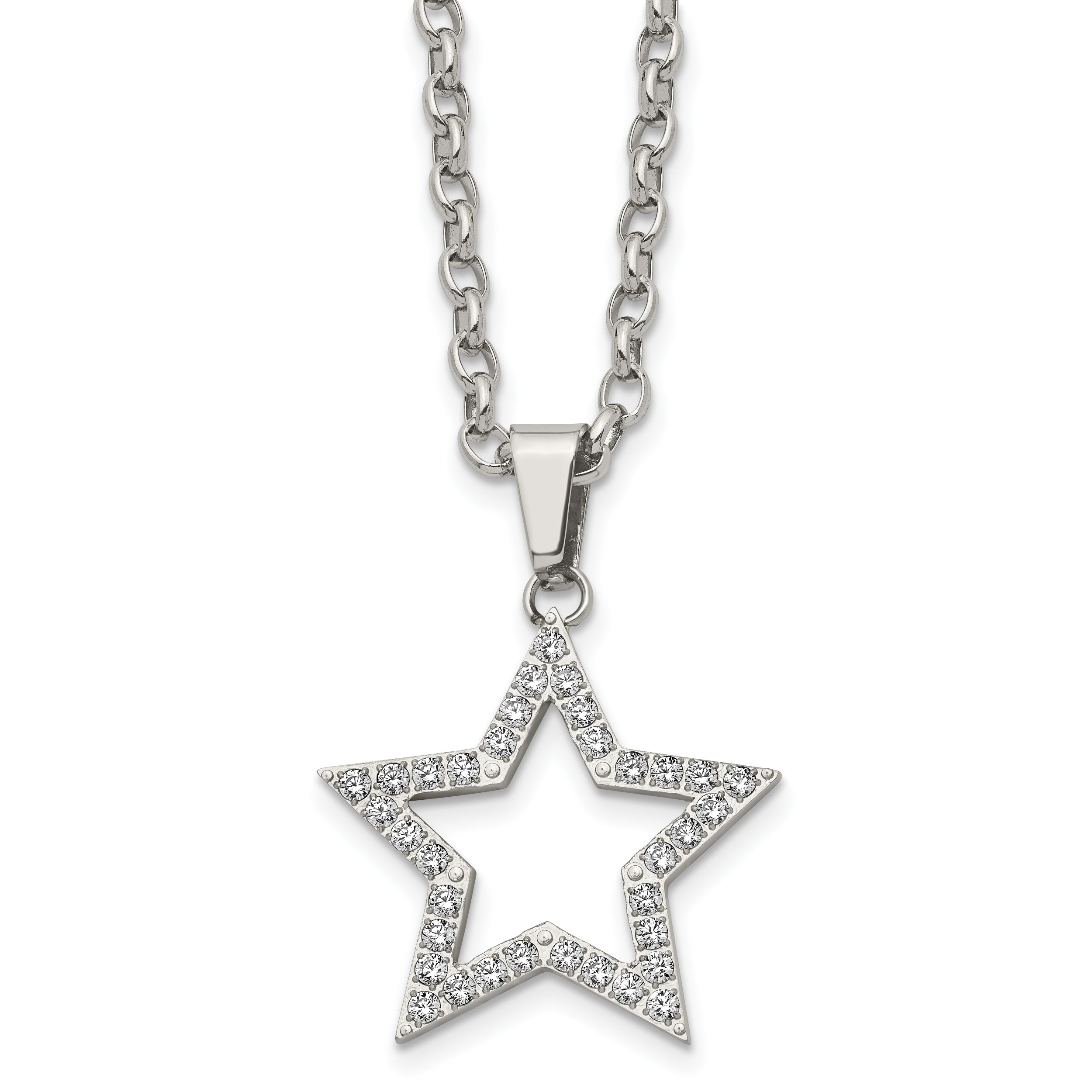 Stainless Steel Polished CZ Star 18in Necklace