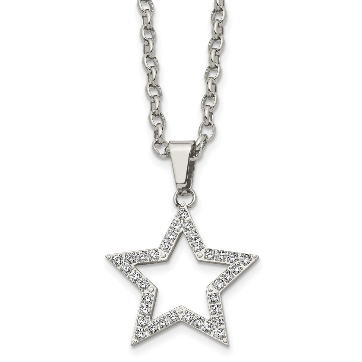 Stainless Steel Polished CZ Star 18in Necklace