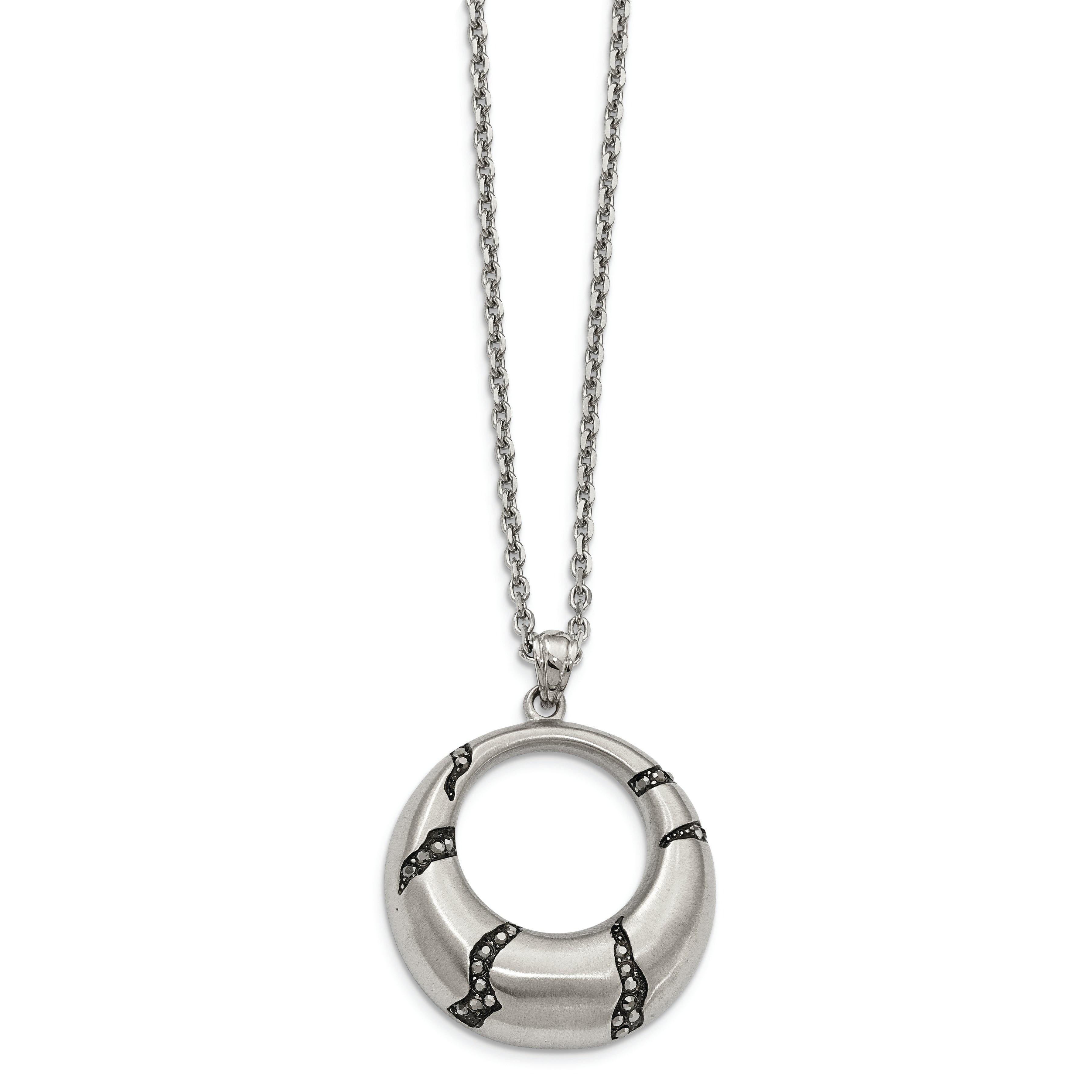 Stainless Steel Brushed Enameled w/Crystal Circle 20in Necklace