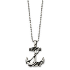 Chisel Stainless Steel Antiqued and Polished Anchorwiht Rope Pendant on a 22 inch Ball Chain Necklace