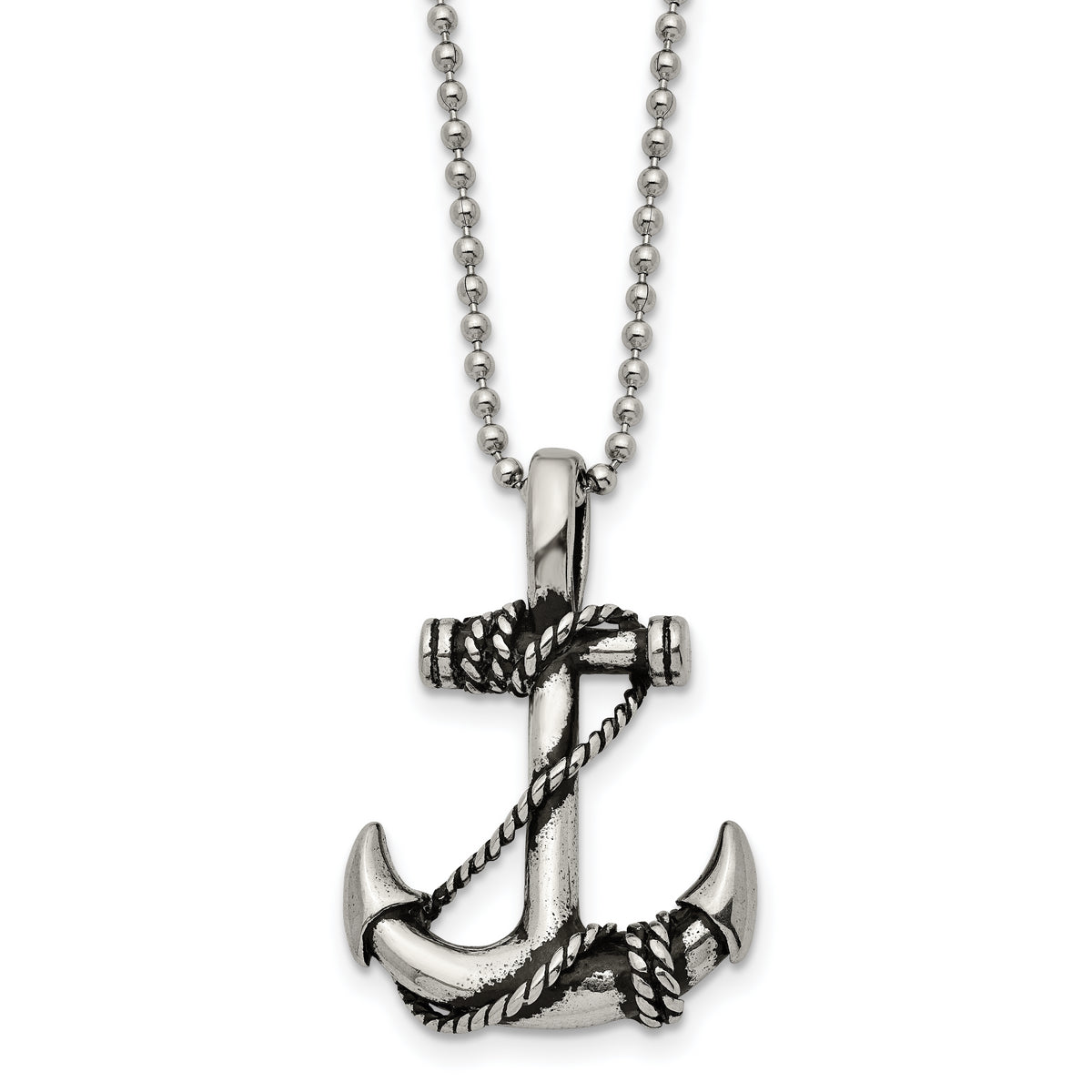 Chisel Stainless Steel Antiqued and Polished Anchorwiht Rope Pendant on a 22 inch Ball Chain Necklace