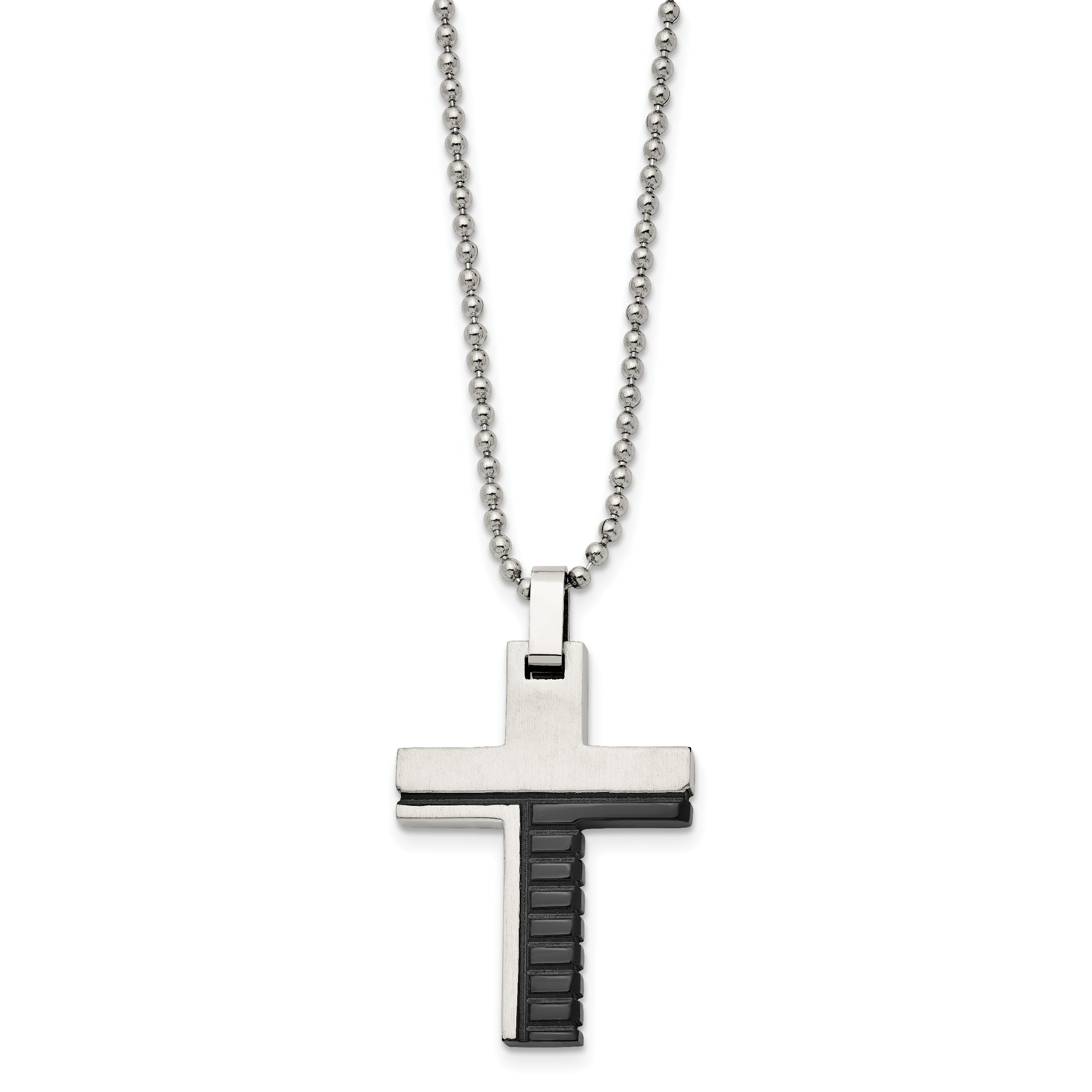 Stainless Steel Brushed and Polished Black IP-plated Cross 22in Necklace