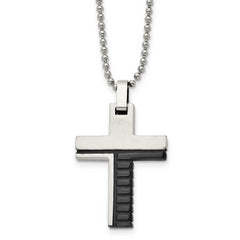 Stainless Steel Brushed and Polished Black IP-plated Cross 22in Necklace