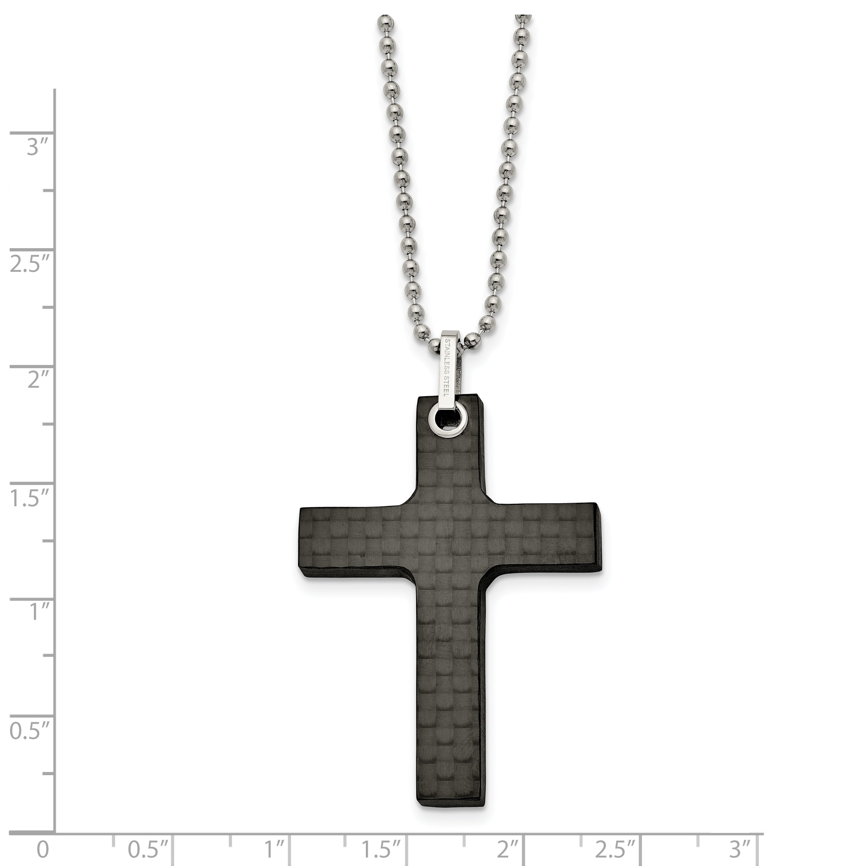 Stainless Steel Polished Solid Black Carbon Fiber Cross 22in Necklace