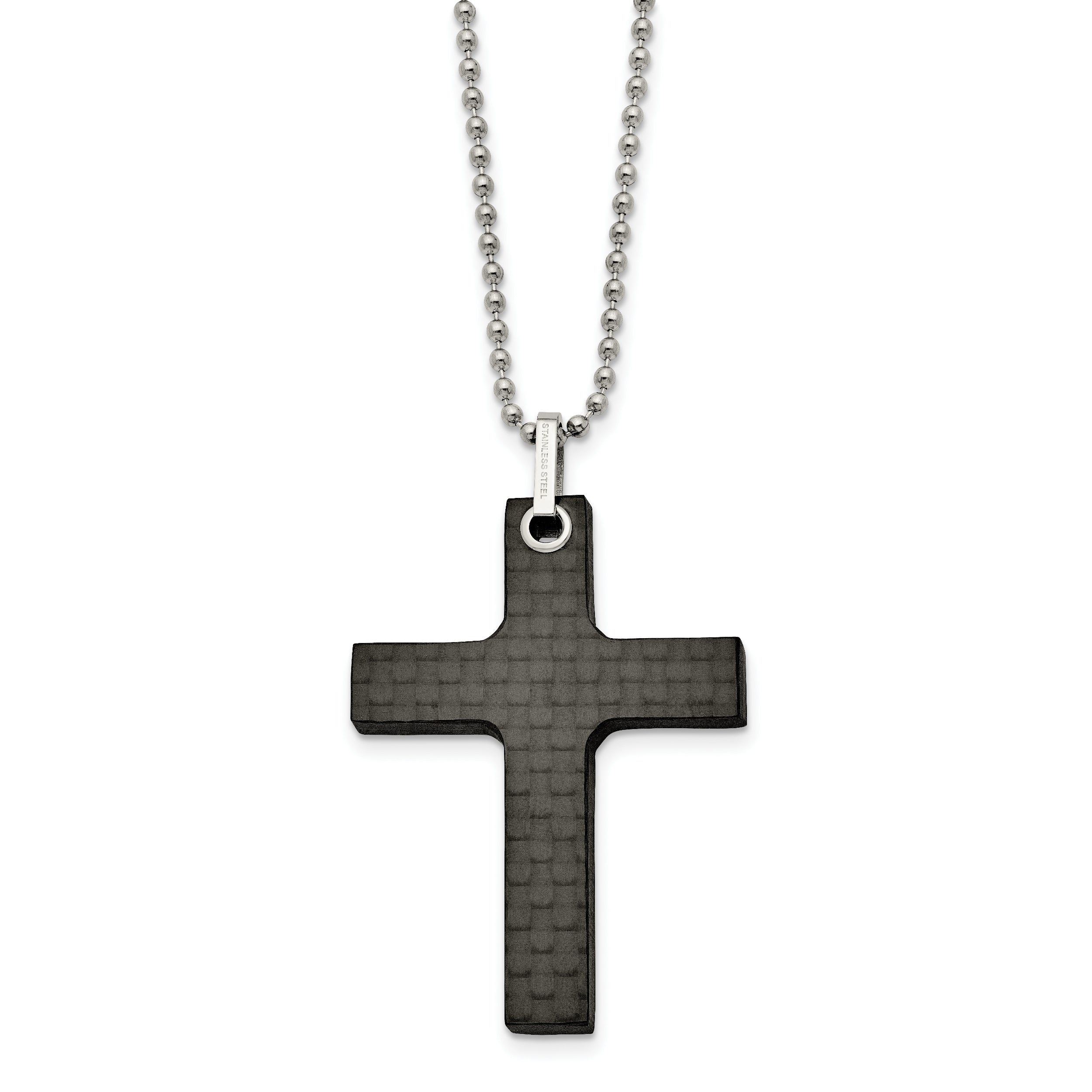 Stainless Steel Polished Solid Black Carbon Fiber Cross 22in Necklace