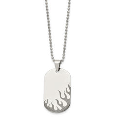 Chisel Stainless Steel Polished Black IP-plated Flames Dog Tag on a 24 inch Ball Chain Necklace