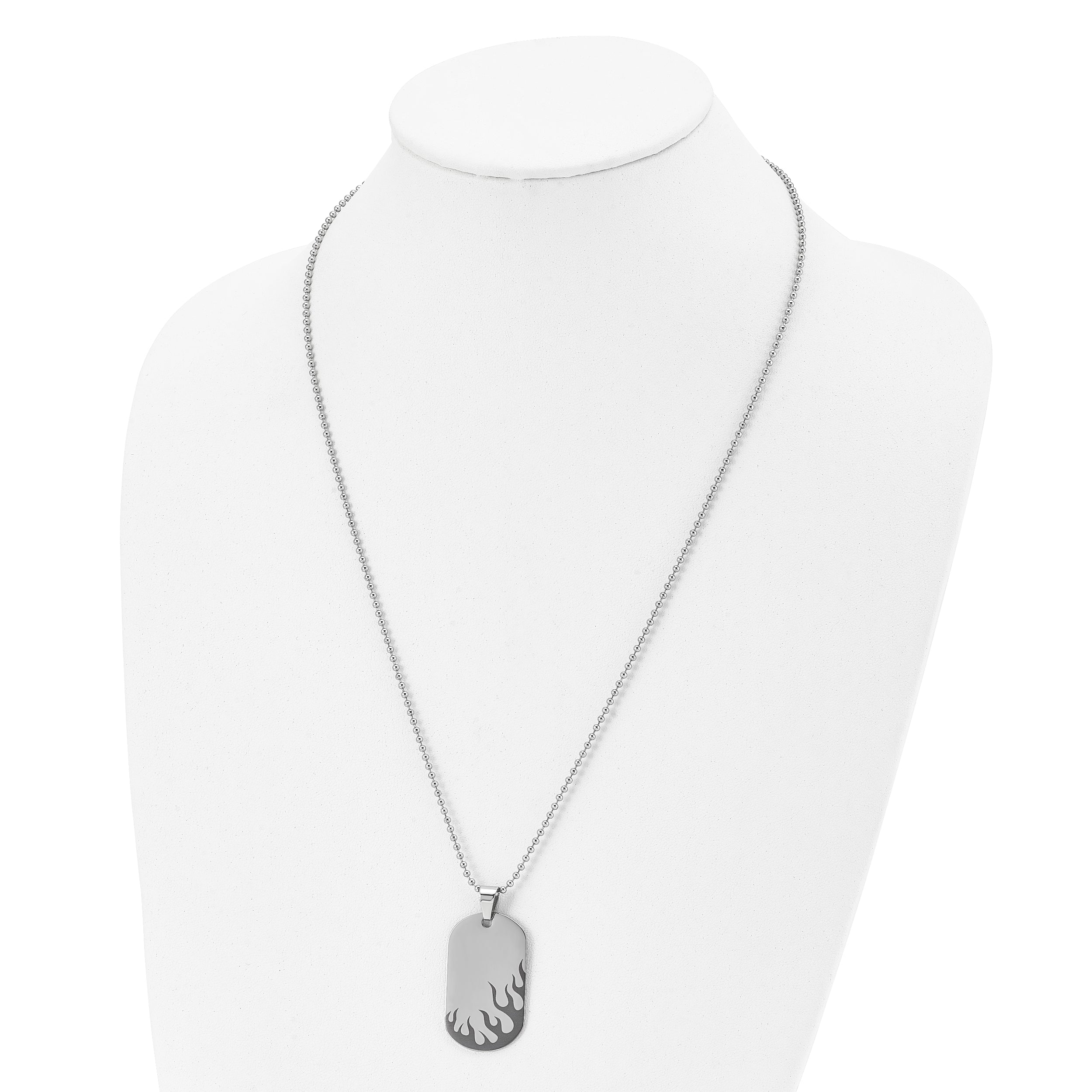 Chisel Stainless Steel Polished Black IP-plated Flames Dog Tag on a 24 inch Ball Chain Necklace