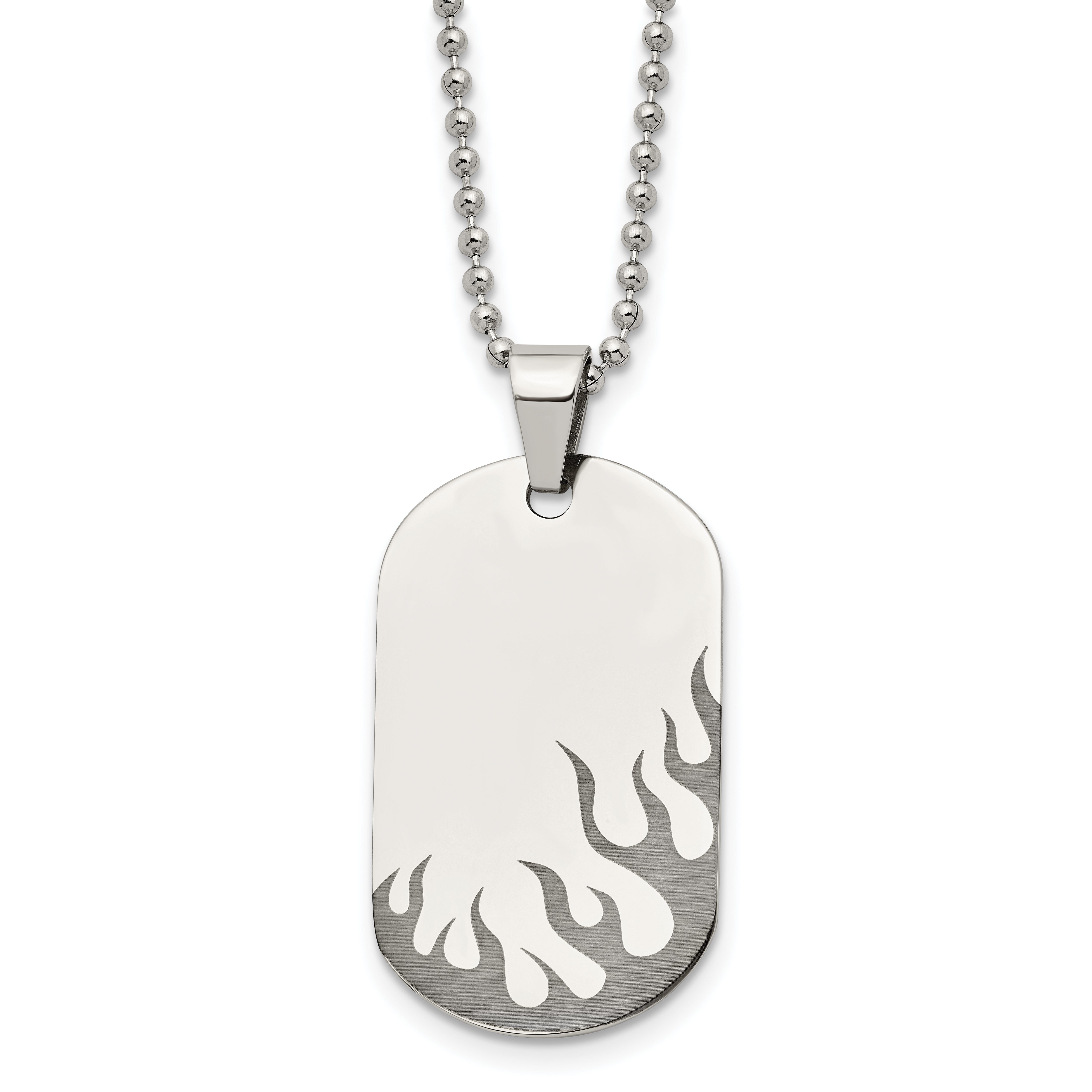 Chisel Stainless Steel Polished Black IP-plated Flames Dog Tag on a 24 inch Ball Chain Necklace