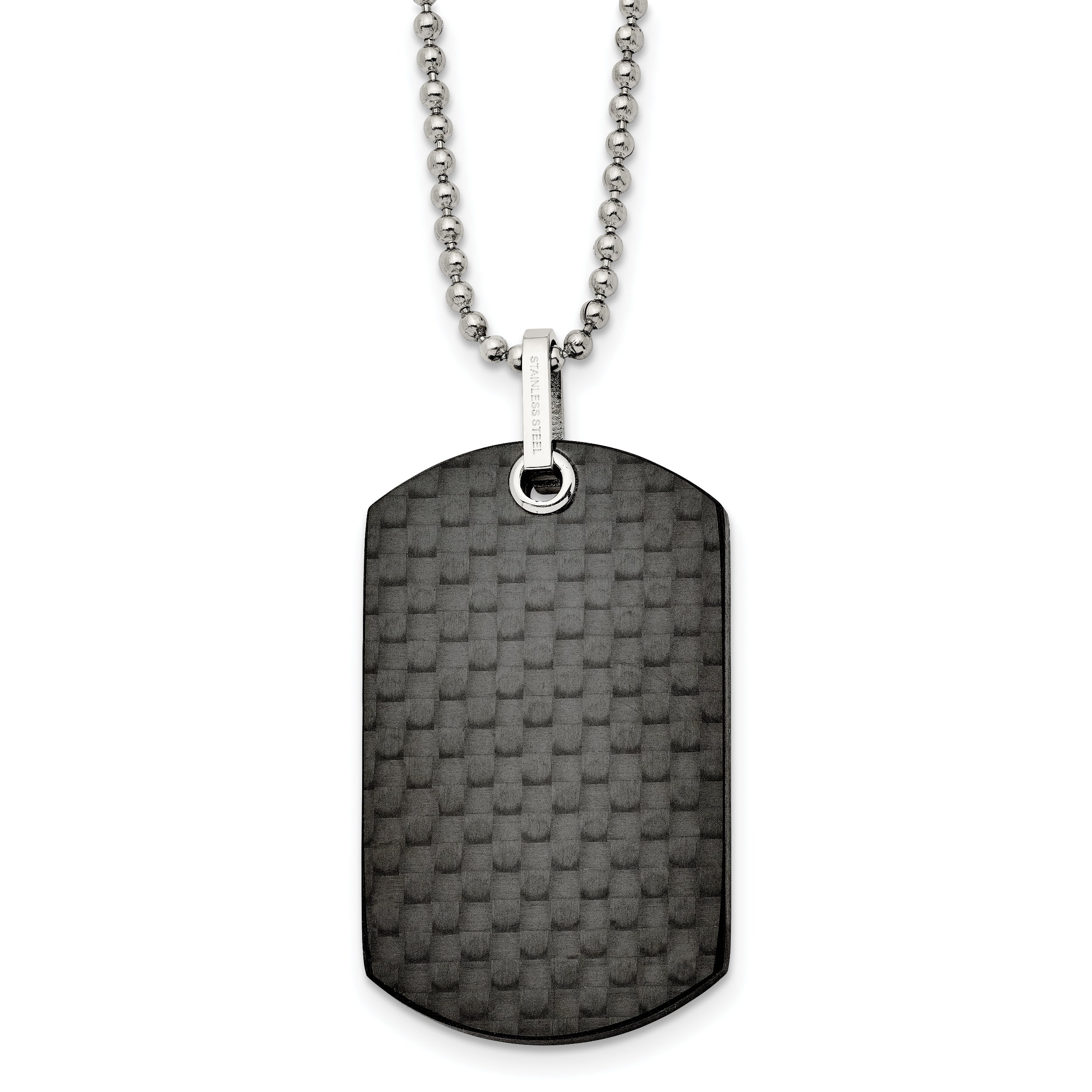 Stainless Steel 24in Polished Solid Black Carbon Fiber Dog Tag Necklace