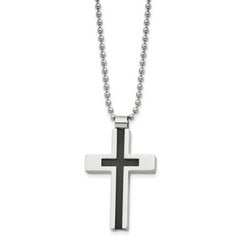 Chisel Stainless Steel Brushed and Polished Black IP-plated Center Cross Pendant on a 22 inch Ball Chain Necklace