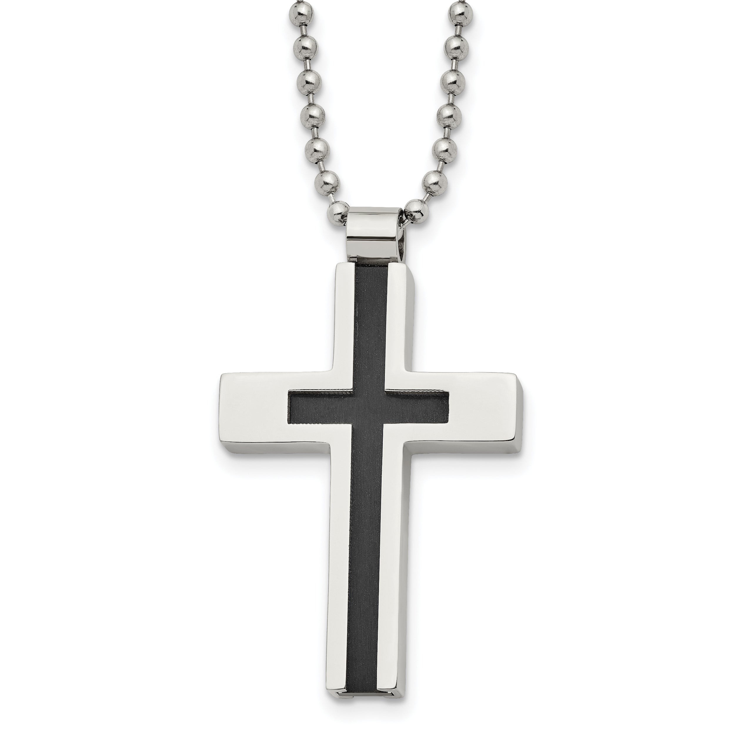 Chisel Stainless Steel Brushed and Polished Black IP-plated Center Cross Pendant on a 22 inch Ball Chain Necklace