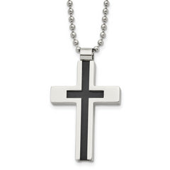 Chisel Stainless Steel Brushed and Polished Black IP-plated Center Cross Pendant on a 22 inch Ball Chain Necklace