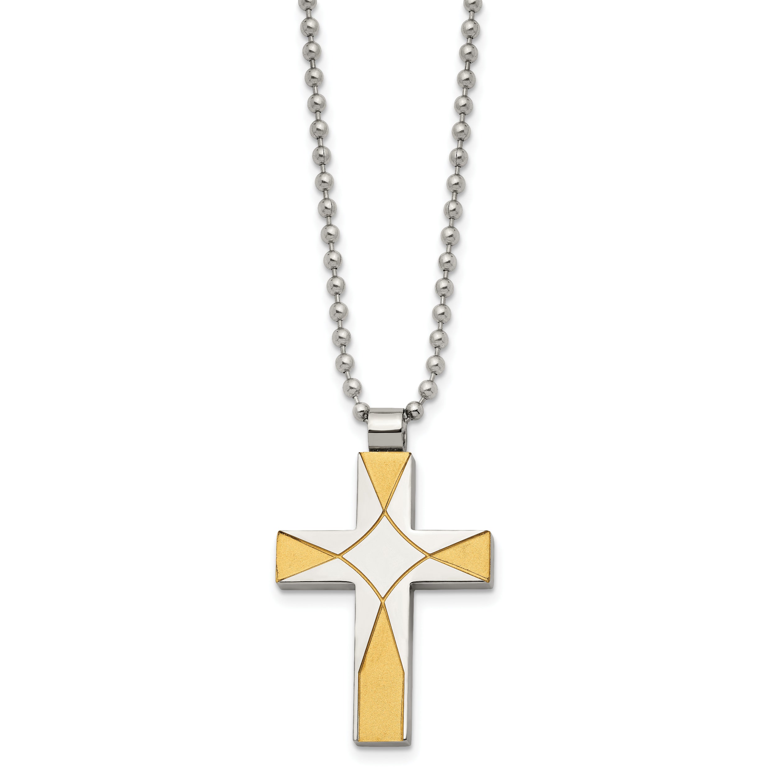 Chisel Stainless Steel Brushed and Polished Yellow IP-plated Cross Pendant on a 22 inch Ball Chain Necklace