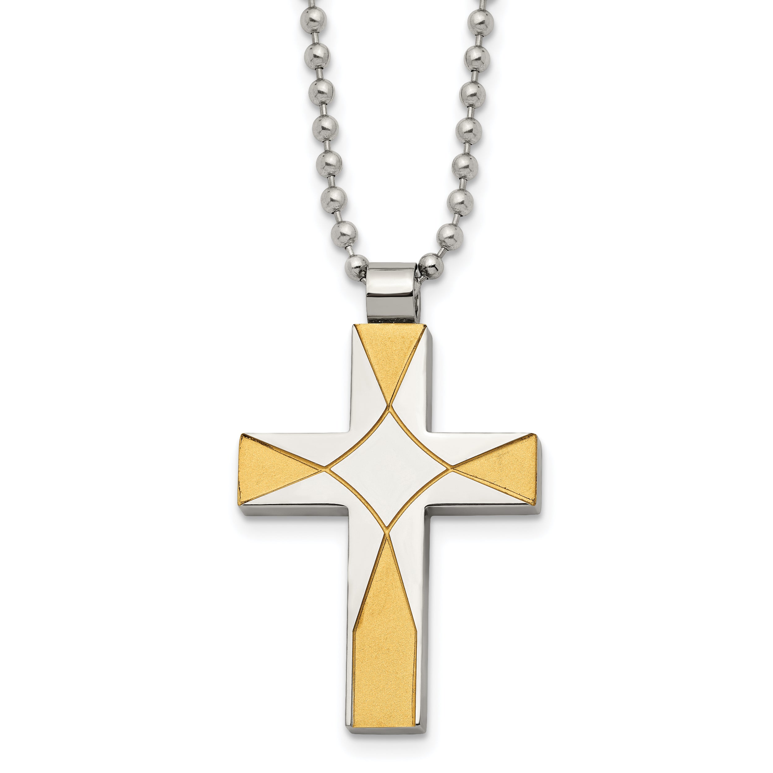 Chisel Stainless Steel Brushed and Polished Yellow IP-plated Cross Pendant on a 22 inch Ball Chain Necklace