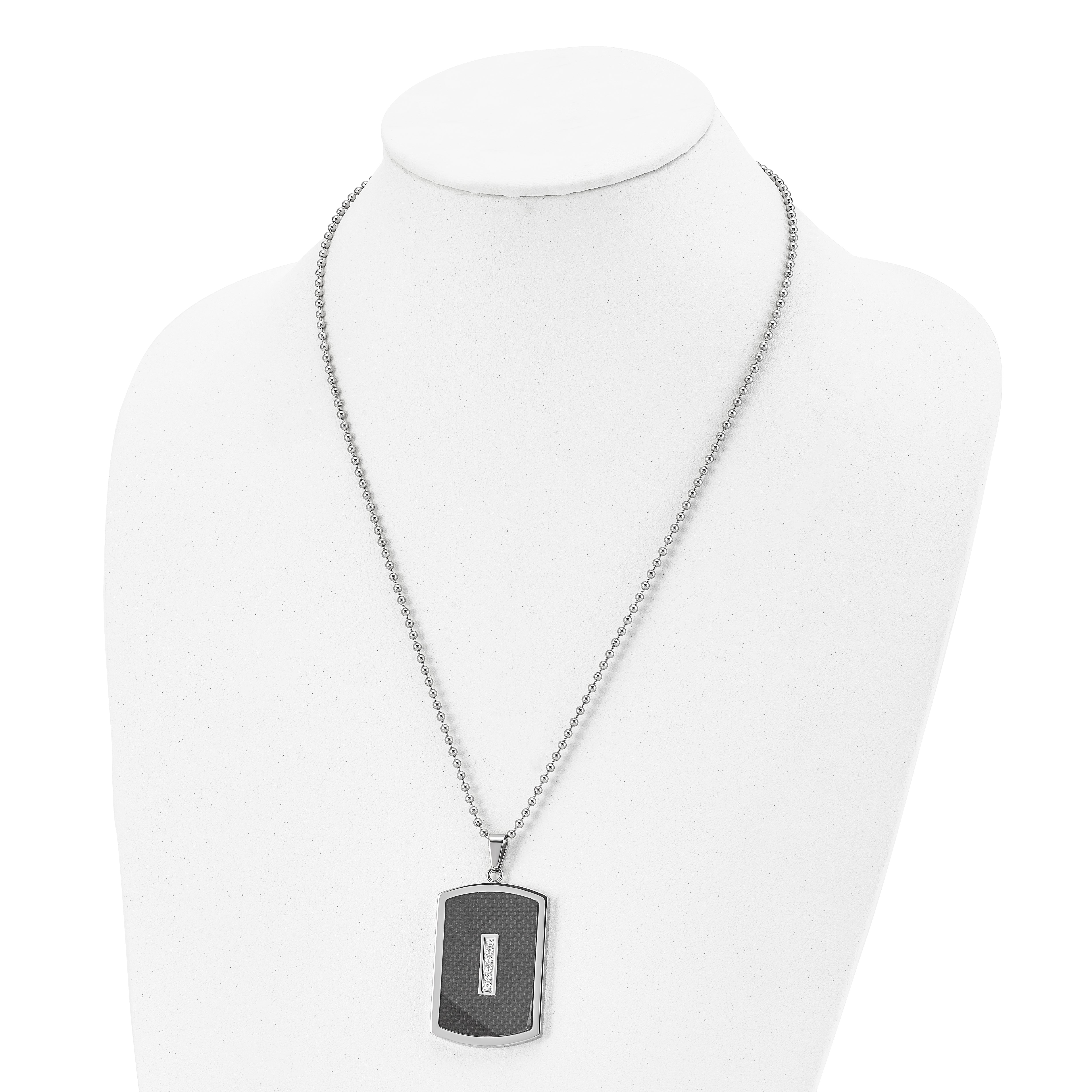 Stainless Steel 22in Polished w/CZ & Black Carbon Fiber Inlay Necklace