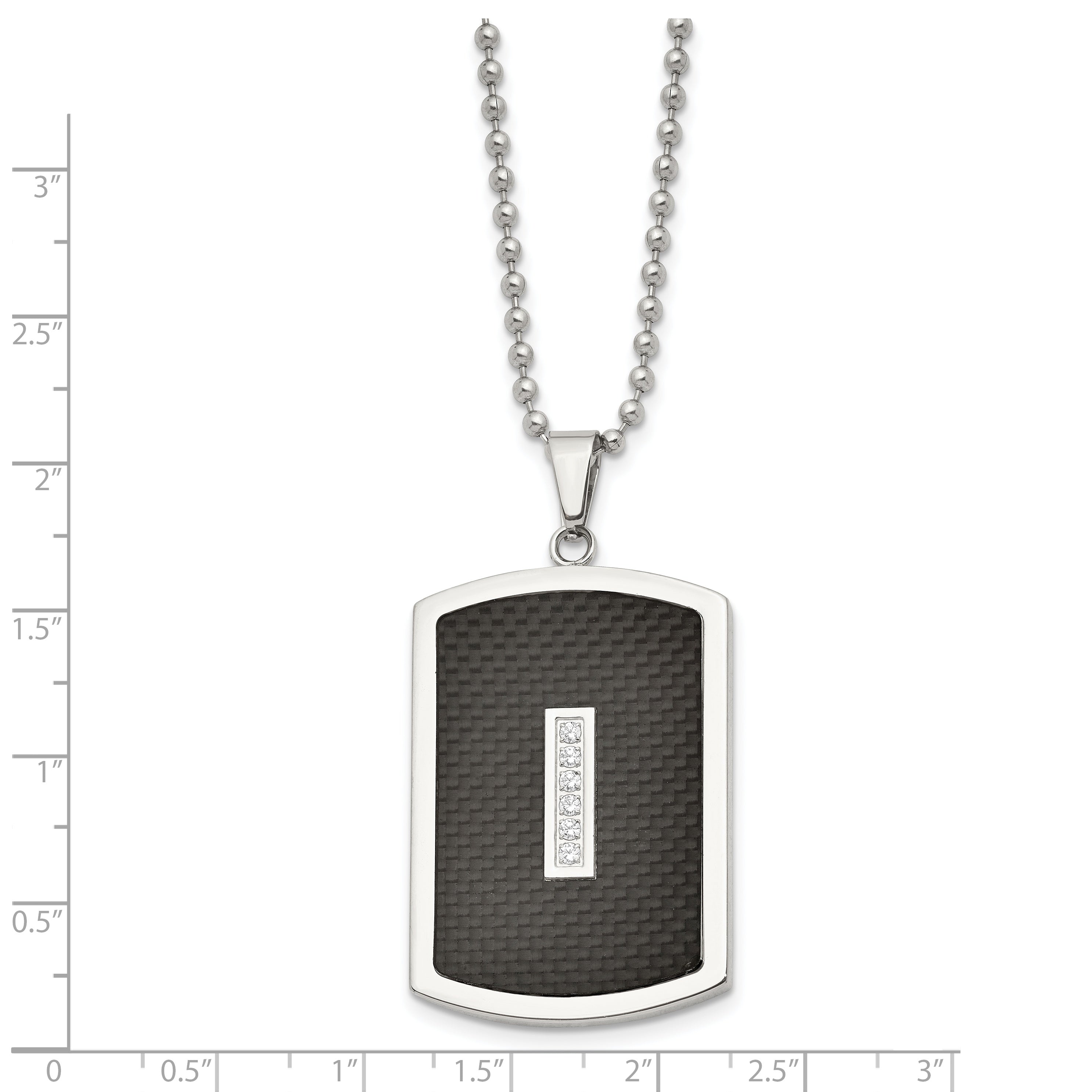 Stainless Steel 22in Polished w/CZ & Black Carbon Fiber Inlay Necklace