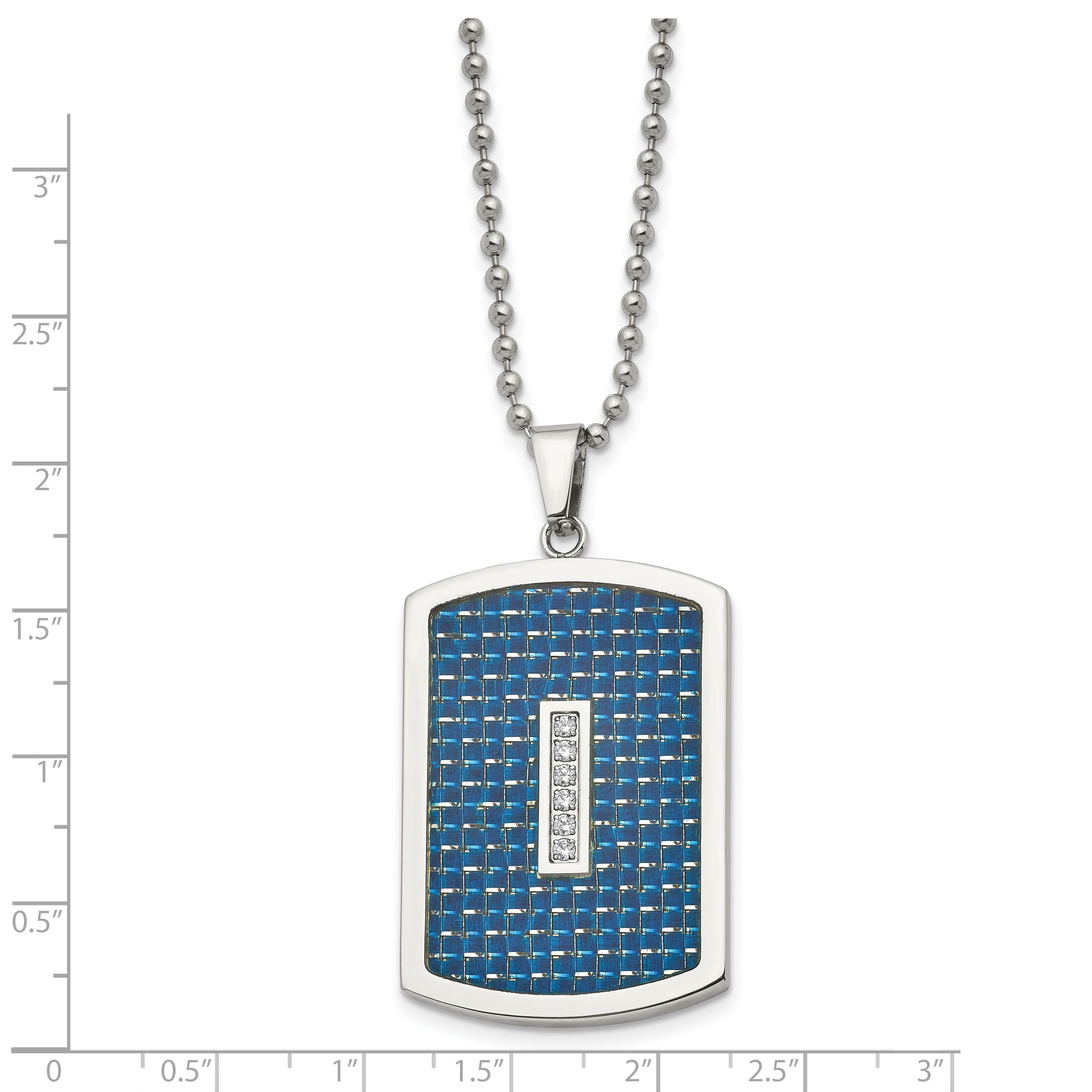 Chisel Stainless Steel Polished with CZ and Blue Carbon Fiber Inlay Dog Tag on a 22 inch Ball Chain Necklace