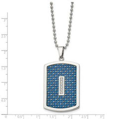 Chisel Stainless Steel Polished with CZ and Blue Carbon Fiber Inlay Dog Tag on a 22 inch Ball Chain Necklace