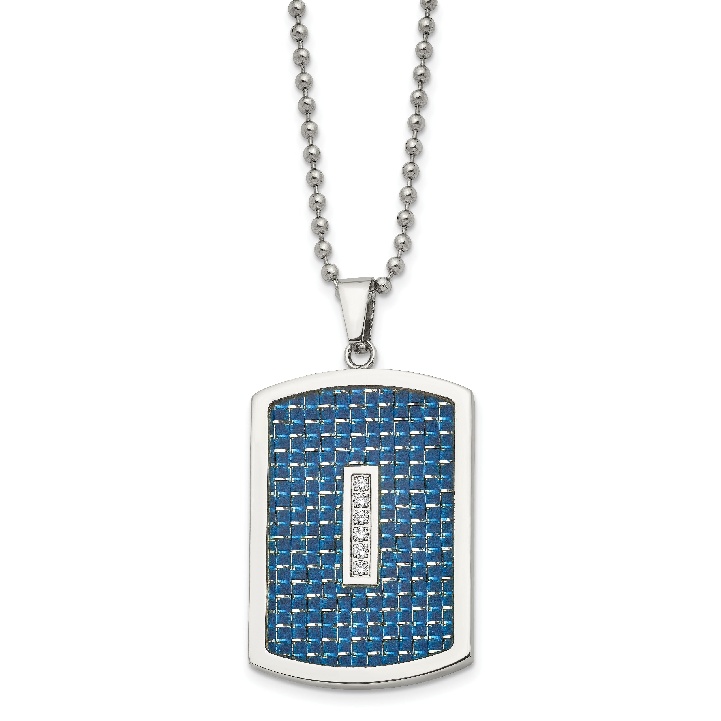 Chisel Stainless Steel Polished with CZ and Blue Carbon Fiber Inlay Dog Tag on a 22 inch Ball Chain Necklace