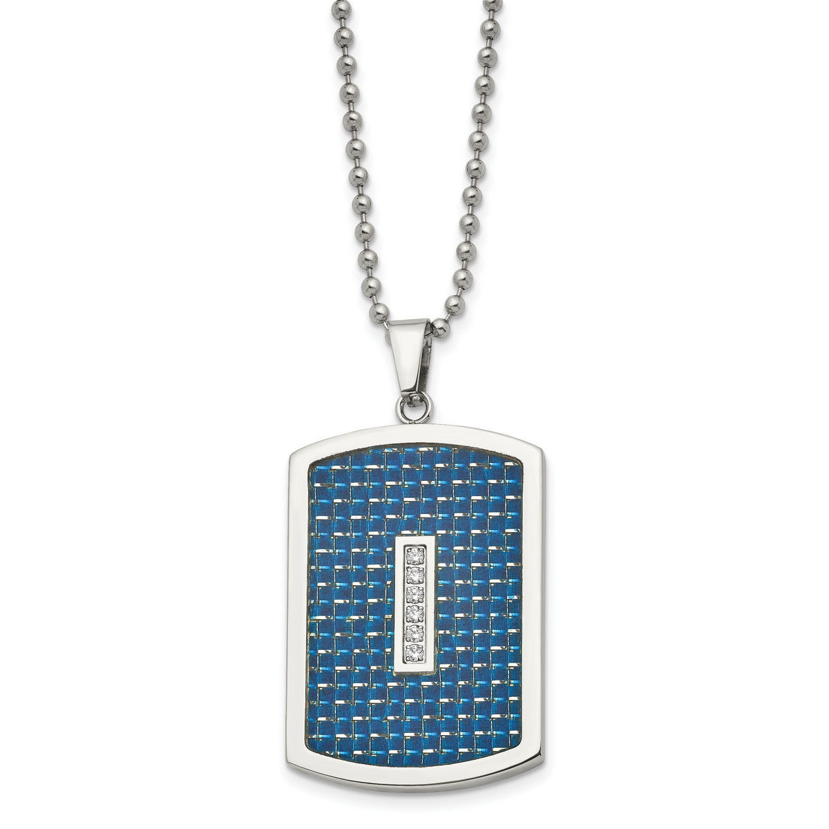 Chisel Stainless Steel Polished with CZ and Blue Carbon Fiber Inlay Dog Tag on a 22 inch Ball Chain Necklace