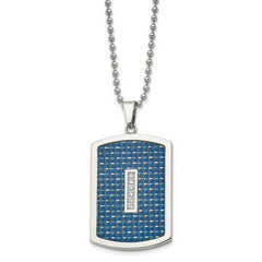 Chisel Stainless Steel Polished with CZ and Blue Carbon Fiber Inlay Dog Tag on a 22 inch Ball Chain Necklace